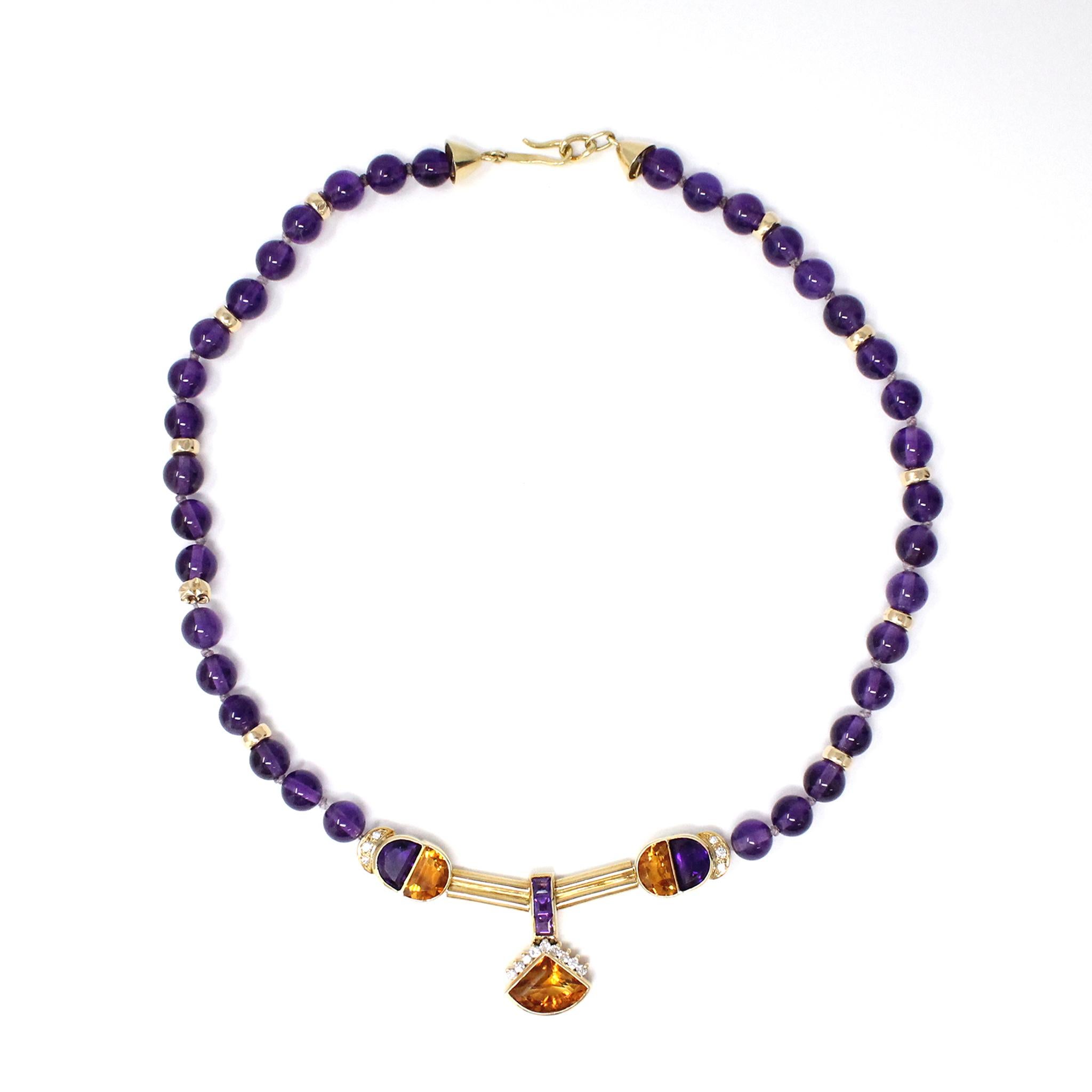 Round Cut Modern Amethyst, Diamond and Citrine Necklace in Yellow Gold Setting For Sale
