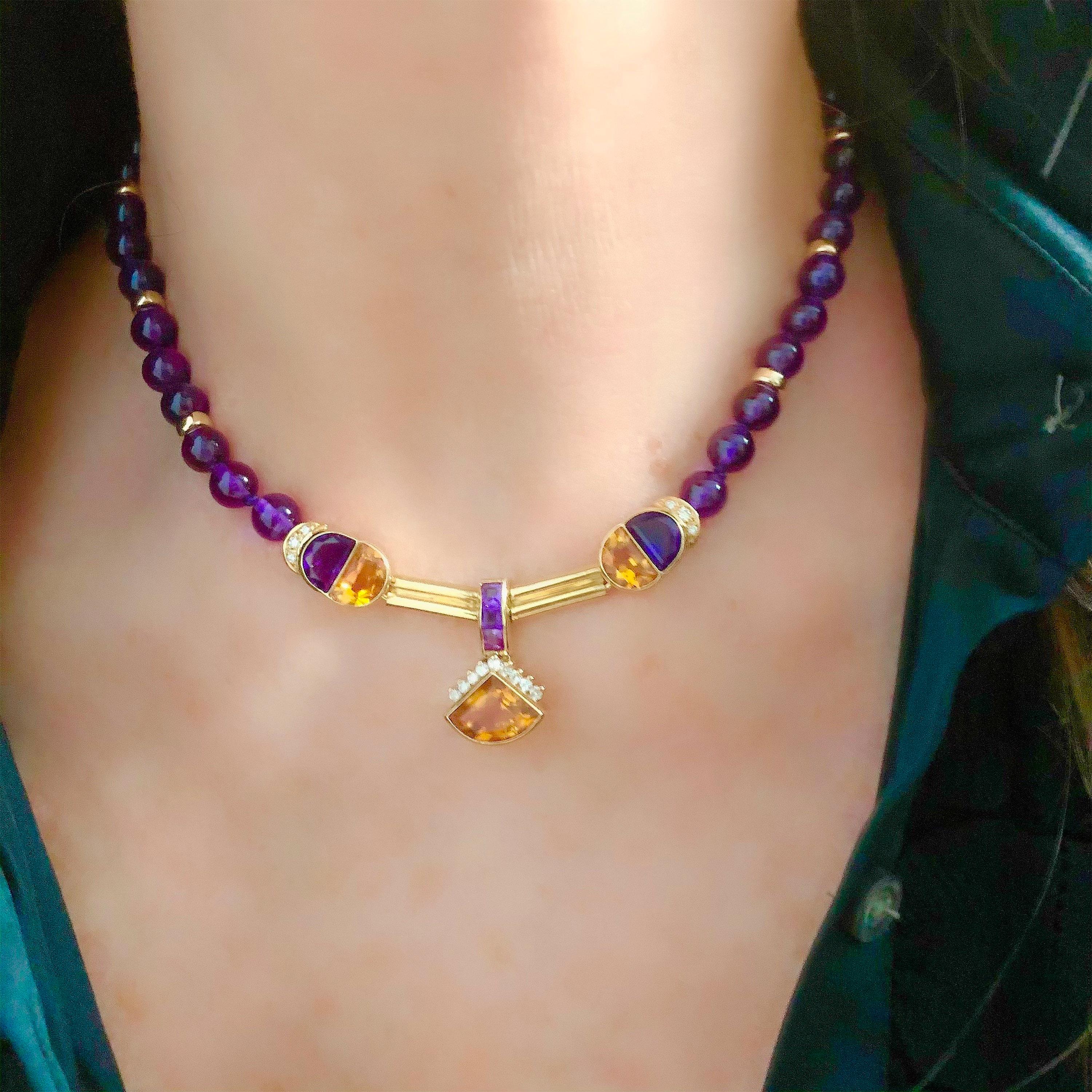 Modern Amethyst, Diamond and Citrine Necklace in Yellow Gold Setting In Good Condition For Sale In Miami, FL