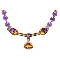 Modern Amethyst, Diamond and Citrine Necklace in Yellow Gold Setting