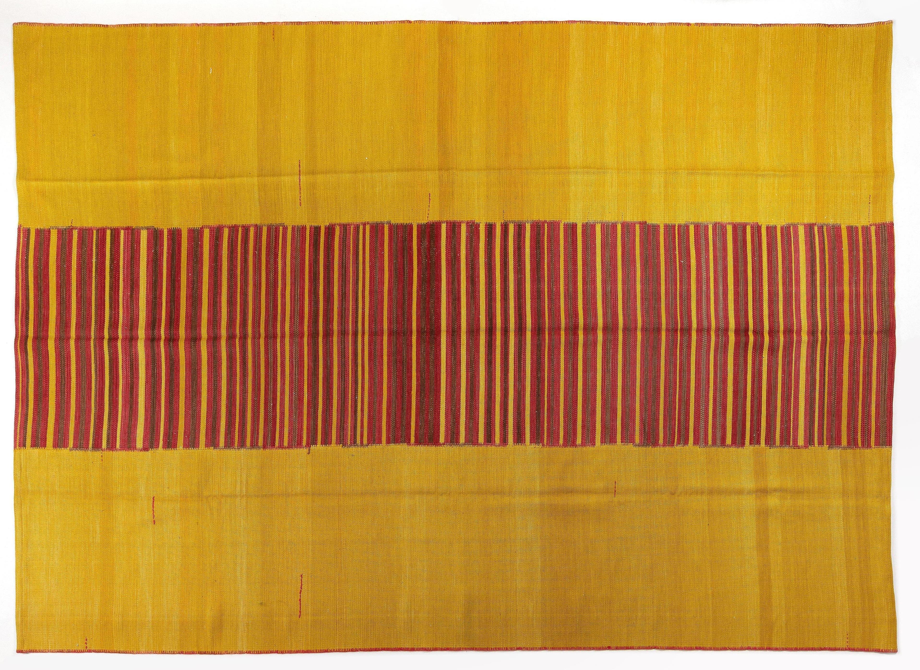 8.8x11.4 Ft Modern Striped Anatolian Double Sided Wool Kilim. Yellow and Red Rug 1