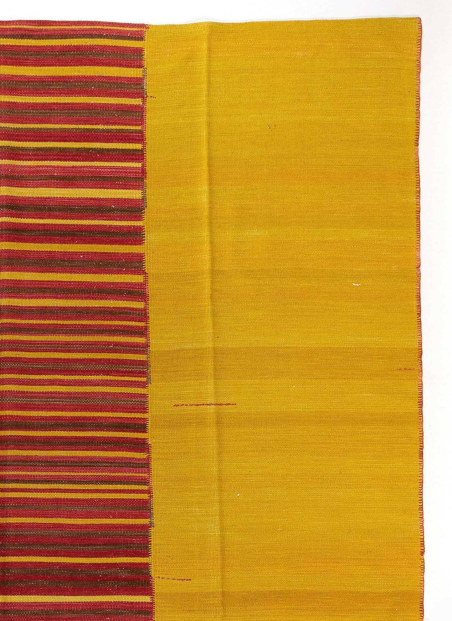 Turkish 8.8x11.4 Ft Modern Striped Anatolian Double Sided Wool Kilim. Yellow and Red Rug