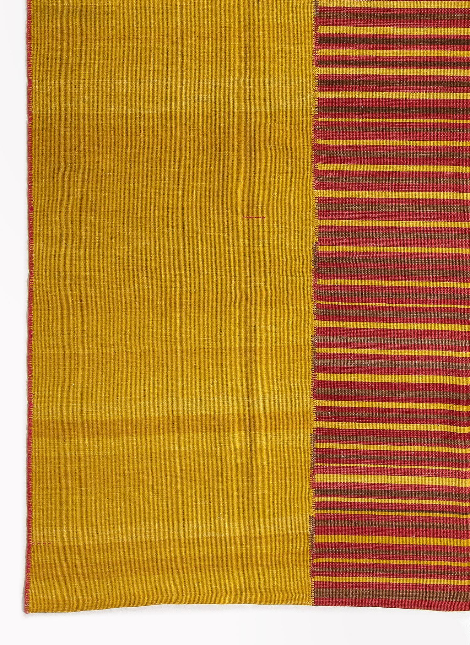 Hand-Woven 8.8x11.4 Ft Modern Striped Anatolian Double Sided Wool Kilim. Yellow and Red Rug