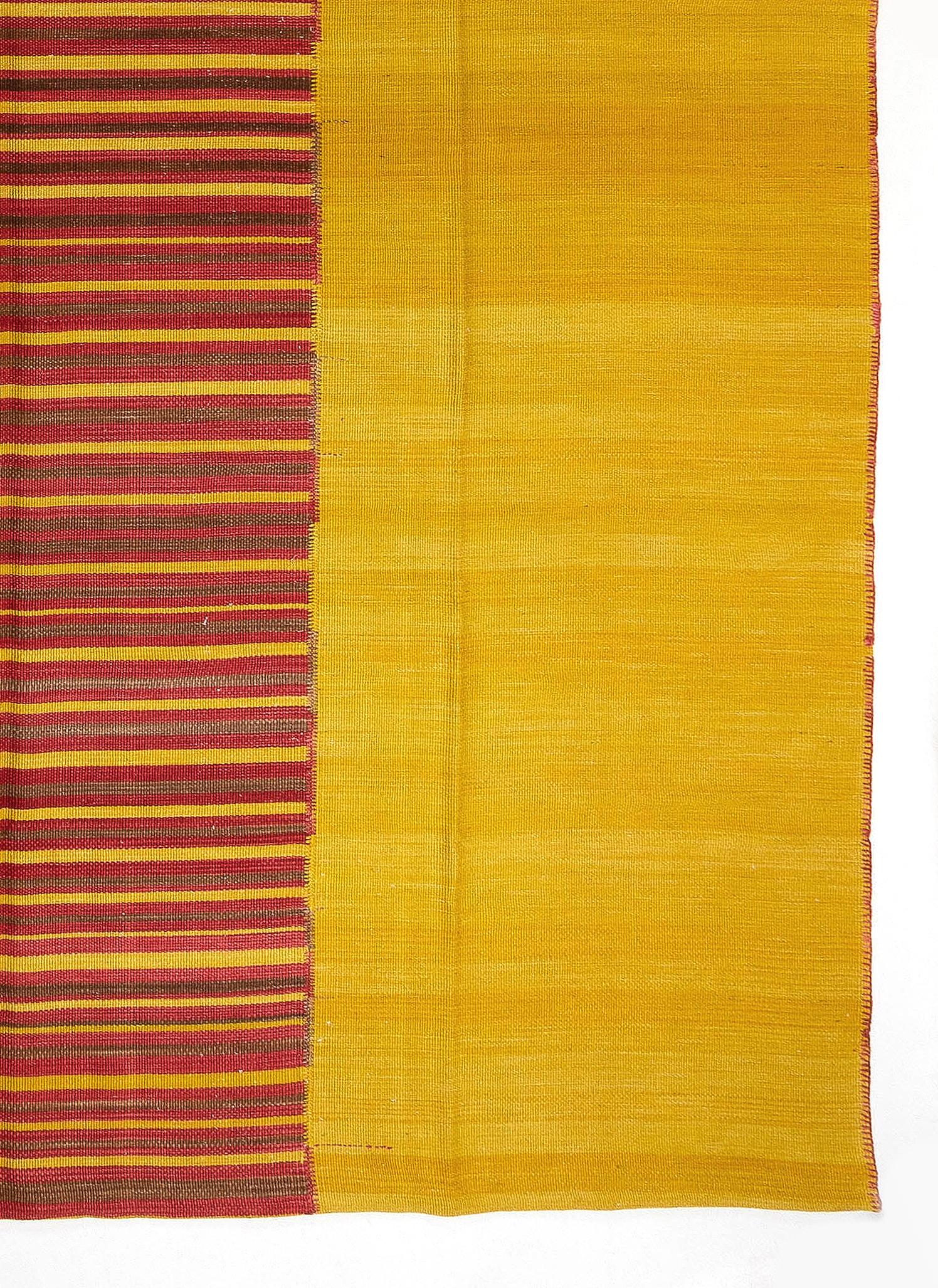 8.8x11.4 Ft Modern Striped Anatolian Double Sided Wool Kilim. Yellow and Red Rug In New Condition In Philadelphia, PA