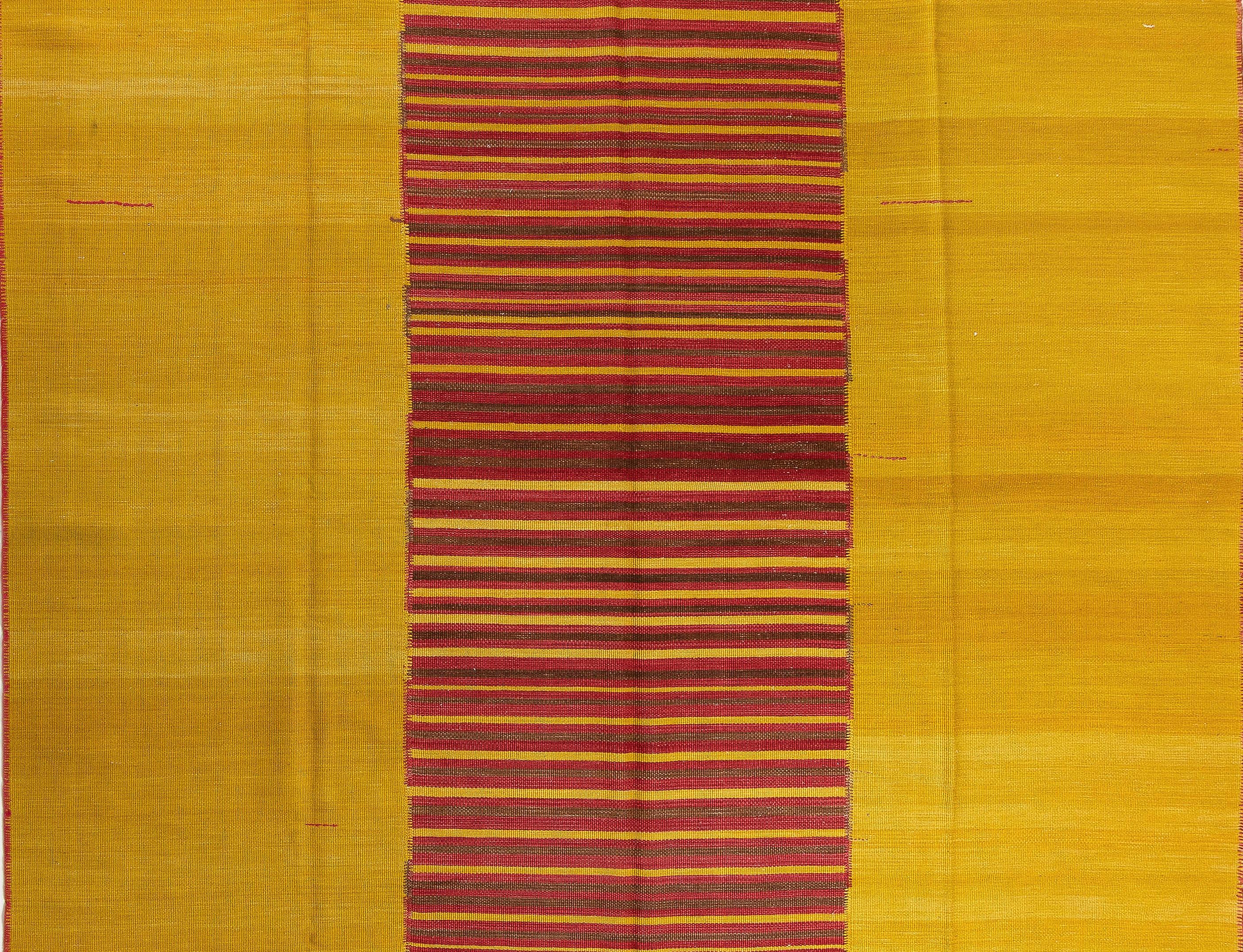 Contemporary 8.8x11.4 Ft Modern Striped Anatolian Double Sided Wool Kilim. Yellow and Red Rug