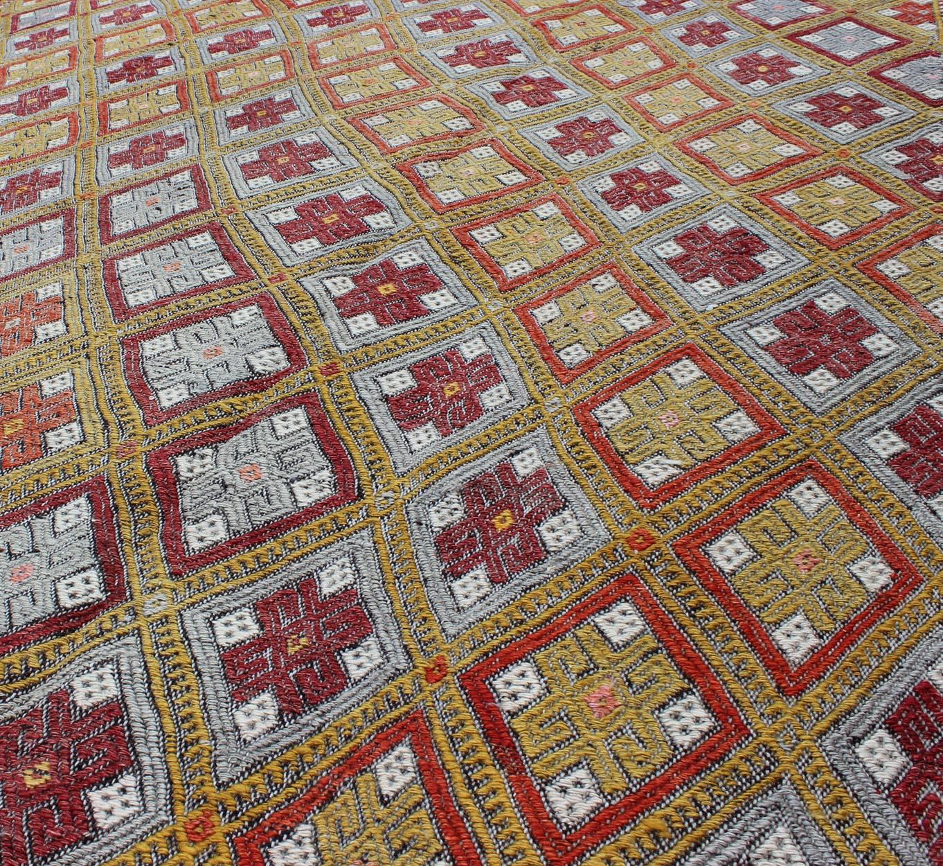 Colorful Vintage Turkish Flat-Weave Embroidered Kilim with Diamond Design For Sale 4