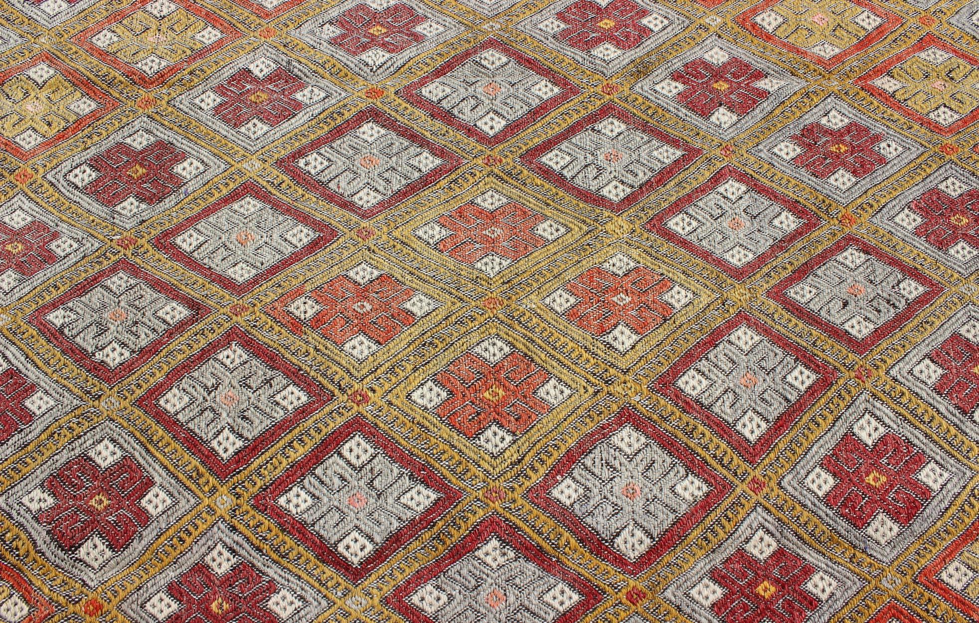 Colorful Vintage Turkish Flat-Weave Embroidered Kilim with Diamond Design For Sale 1