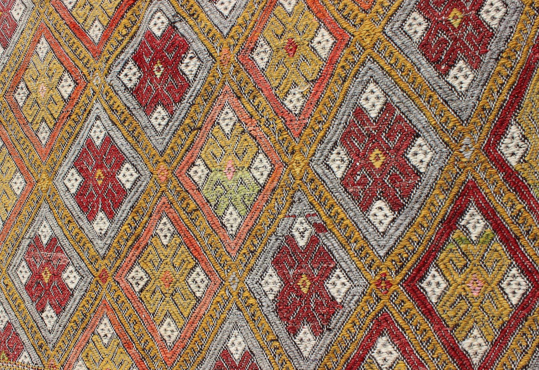 Colorful Vintage Turkish Flat-Weave Embroidered Kilim with Diamond Design For Sale 3