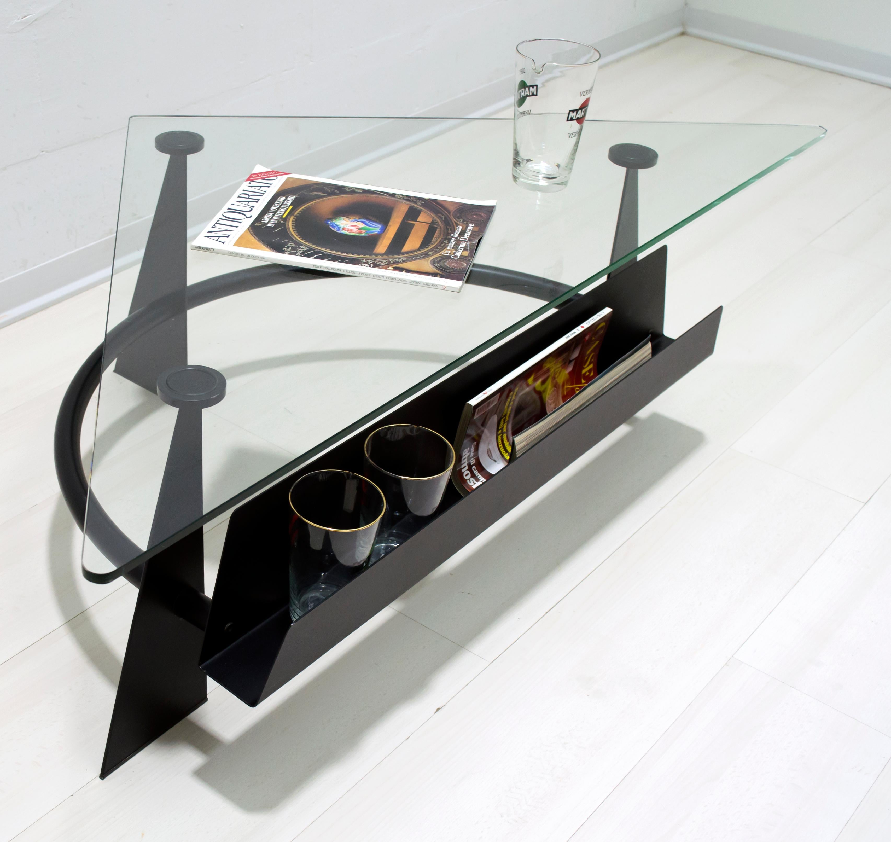 Modern and Contemporary Italian Coffee Table Blackened Metal and Glass Top, 1990 For Sale 1