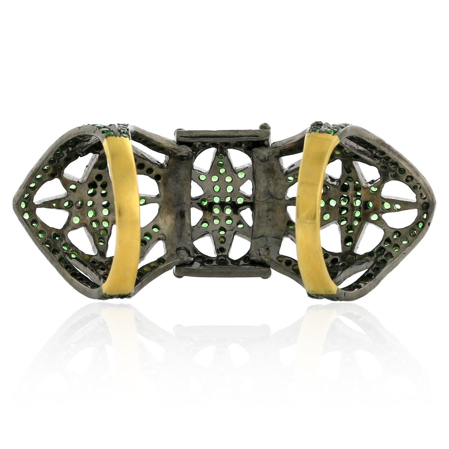 Gothic Revival Modern and Designer Tsavorite Long Ring Set in Silver and 18K Gold For Sale