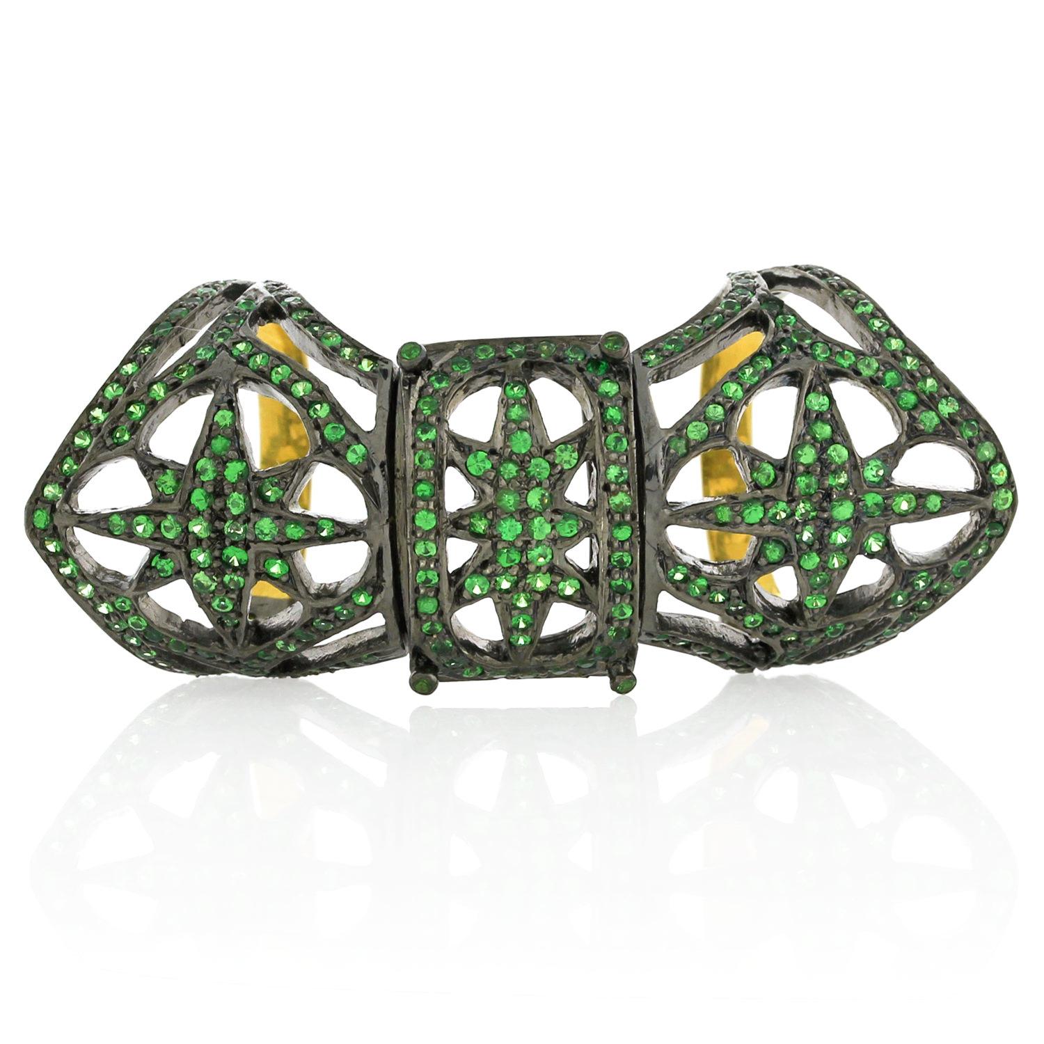 Round Cut Modern and Designer Tsavorite Long Ring Set in Silver and 18K Gold For Sale
