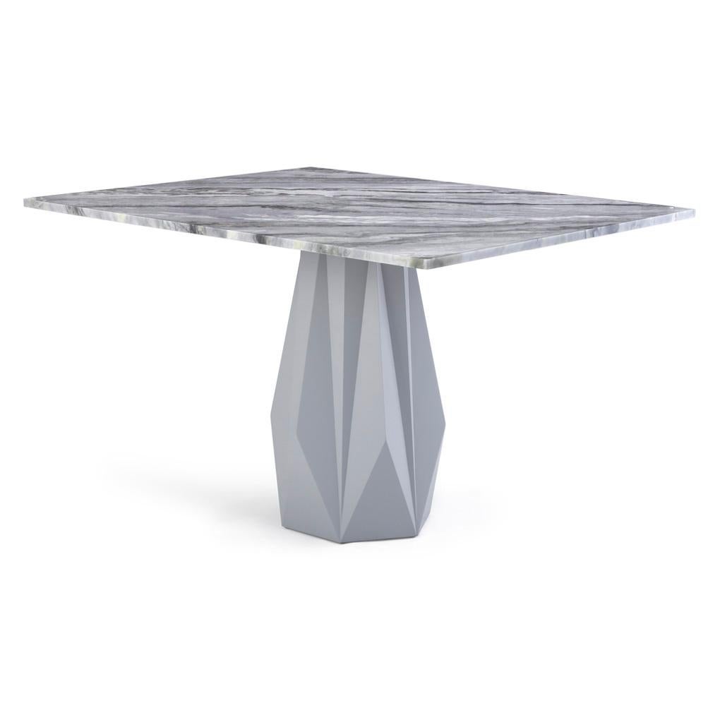 Hand-made table with a marble top and a base of lacquered wood. 

Iz-Type has produced a unique, high-end, artistic finish by merging contrasting raw materials. Lacquered wood and marble are seamlessly blended in this handcrafted and hand polished