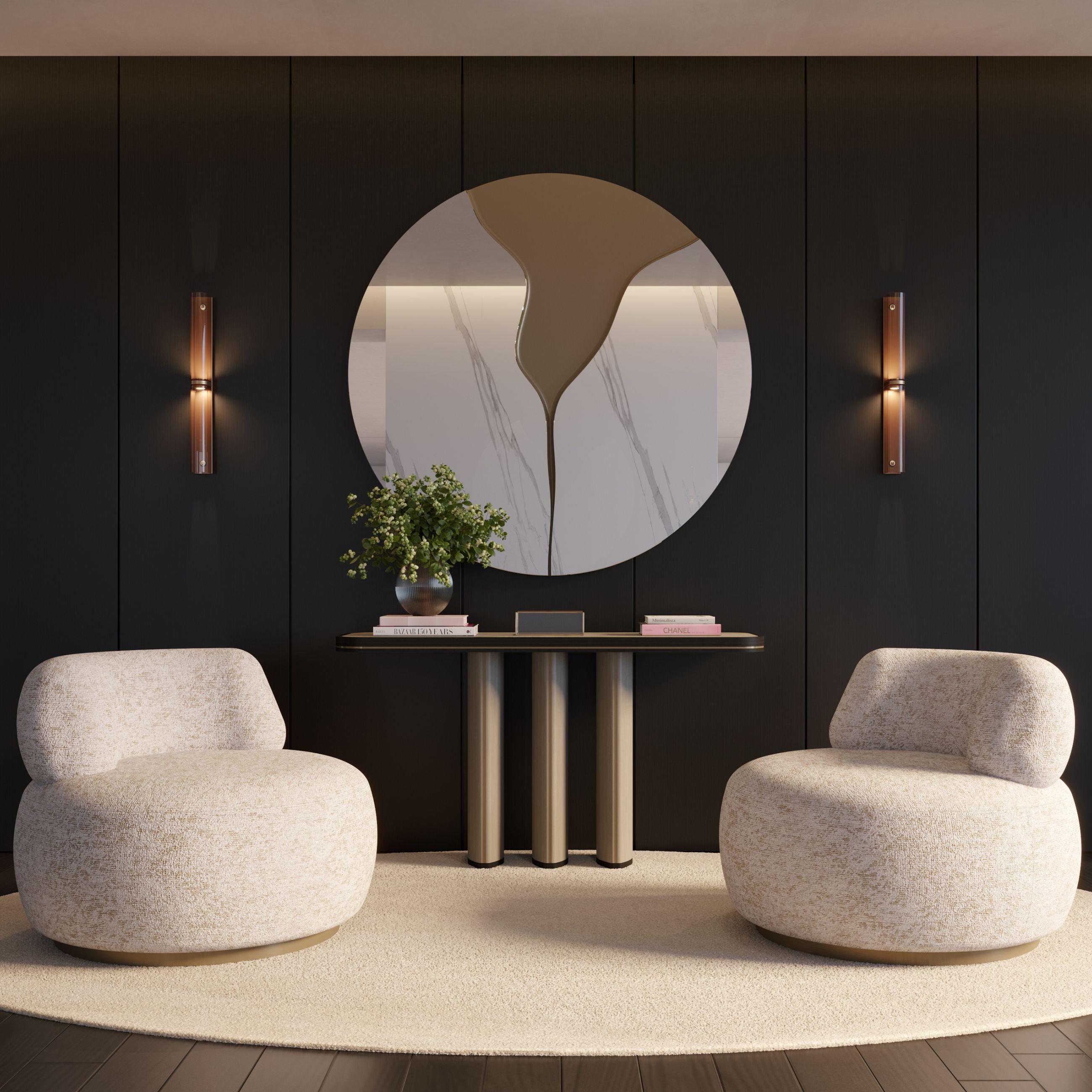 The Triviera Console Table is a modern design statement, where clean lines and a sculptural geometric top create a bold yet harmonious composition. Supported by three elegantly crafted legs, its structured form delivers a captivating visual rhythm