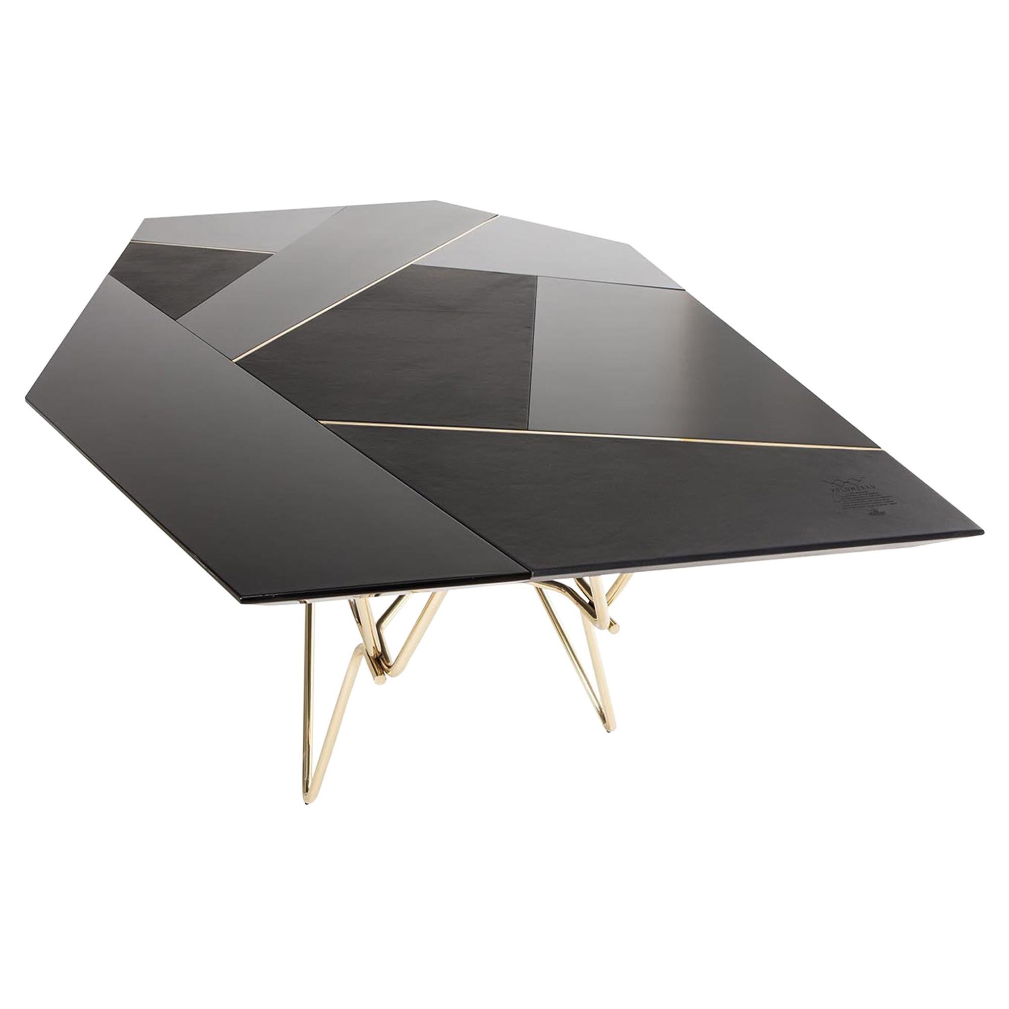 Modern and Structural Dinning Table, Brass Legs and Leather Top For Sale