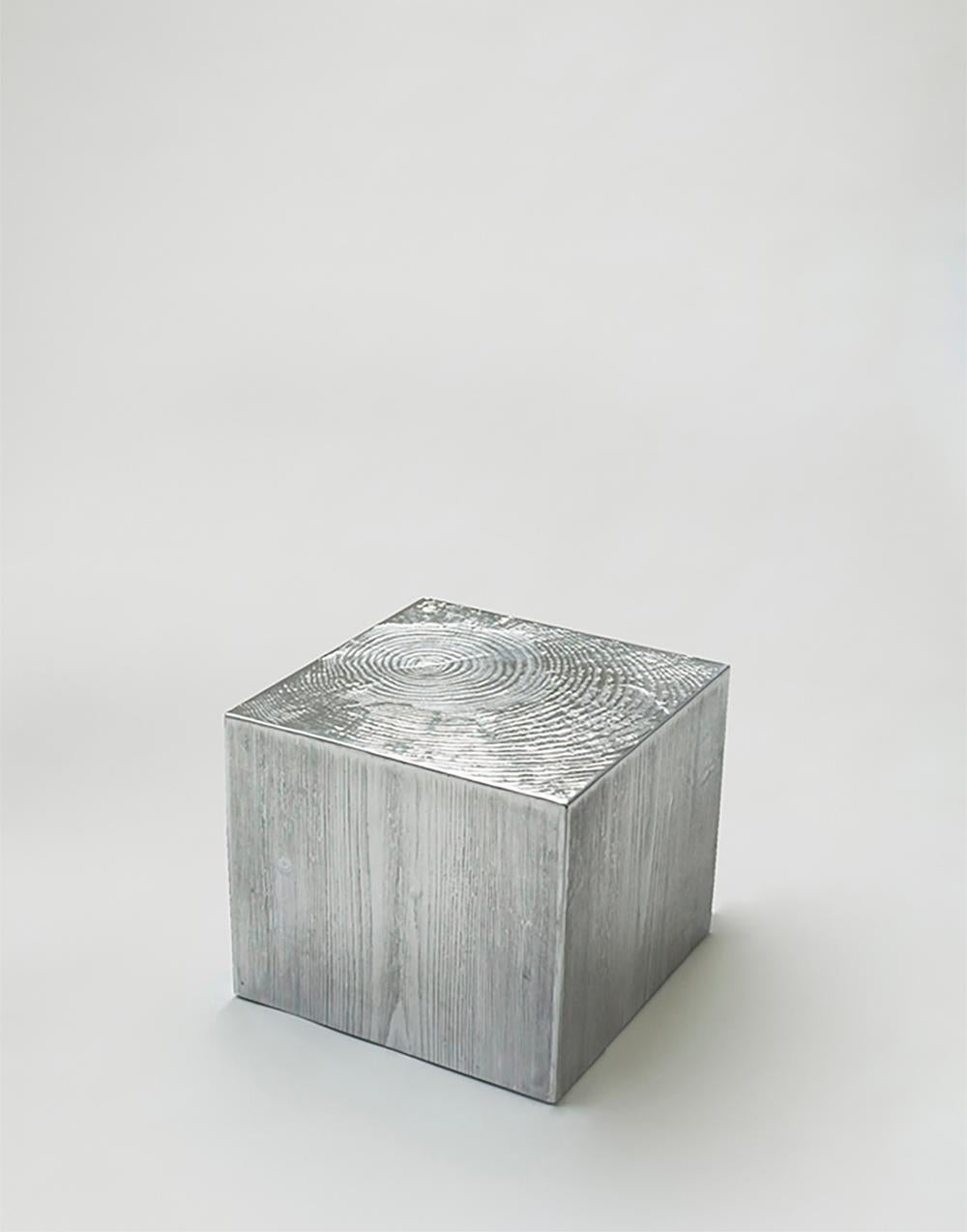 Coffee table in cast aluminium with wooden-textured shape designed by Andrea Salvetti for Dilmos Milano. 
The table represents a piece of trunk casted in polished aluminium. 

Signed by the artist.
Suitable also for outdoors.

Available in different