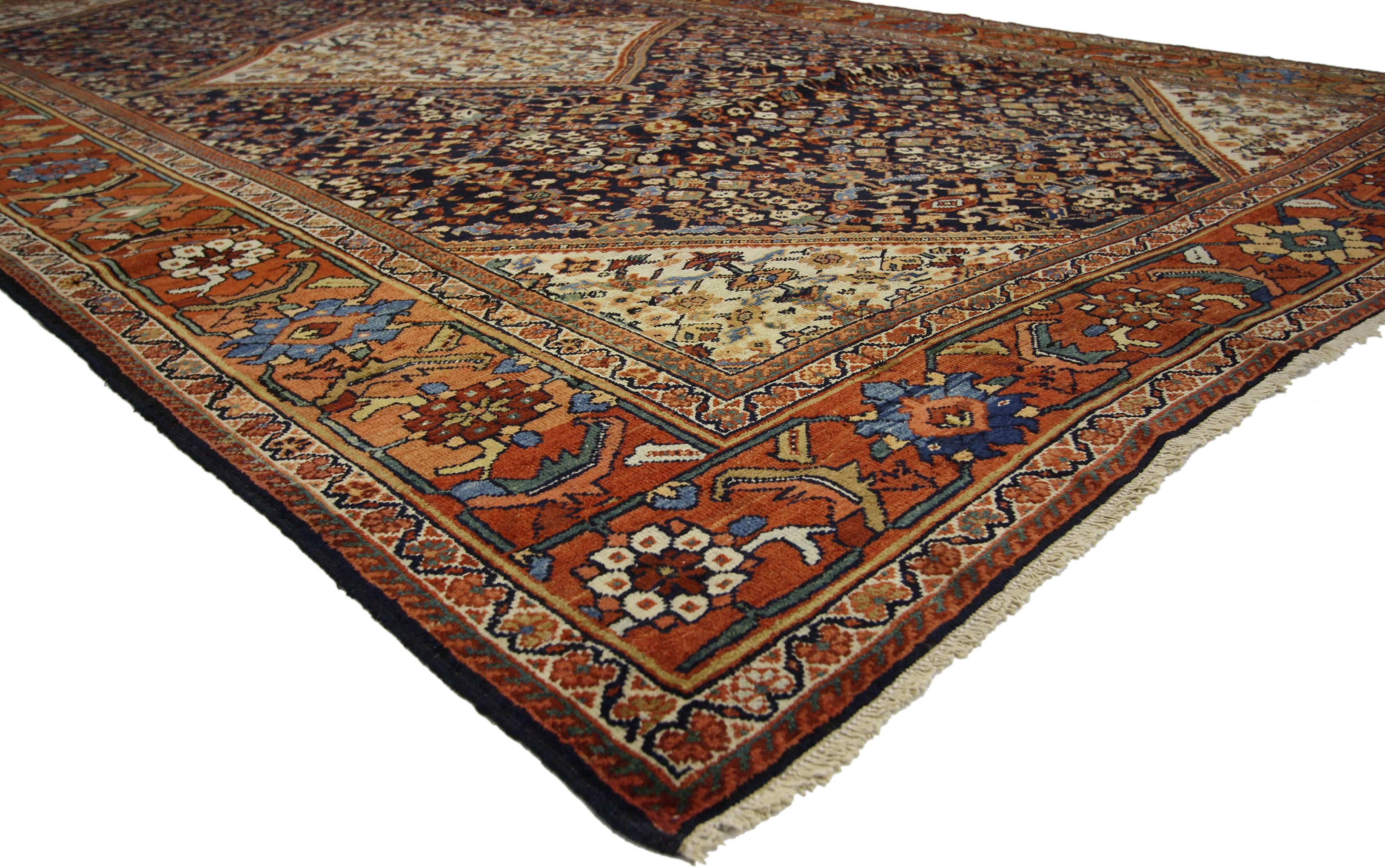 73200 Modern Antique Persian Mahal Area Rug with Transitional Style 08'06 x 13'00. Bold and full of character, this eccentric early 20th century Persian Mahal offers an opulent cornucopia of lively Herati motifs. With its bold elemental nature and