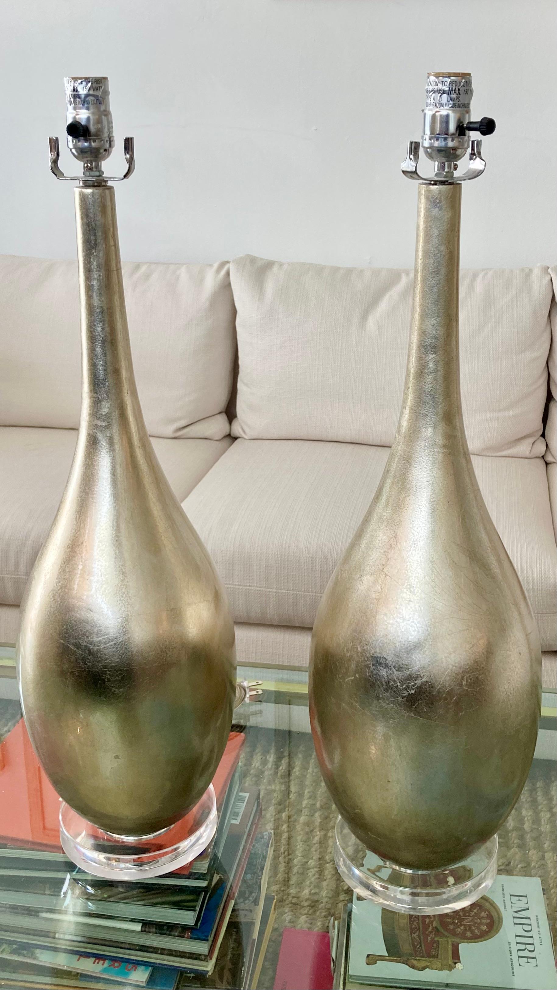 20th Century Modern Antique Silver Leaf Table Lamps With Lucite Bases, a Pair For Sale