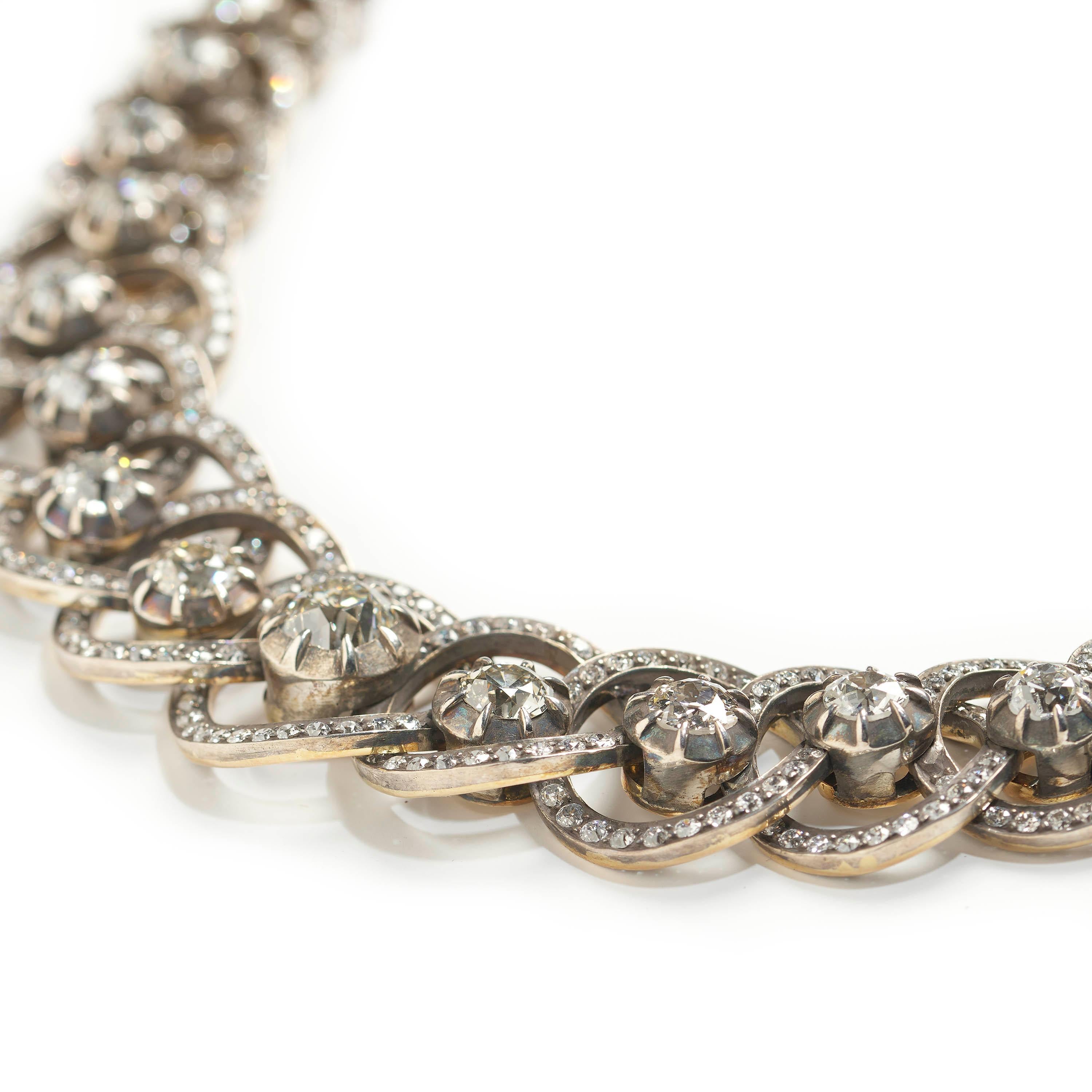 Modern Antique Style Old Cut Diamond and Silver Upon Gold Necklace, 47.94 Carat In Excellent Condition In London, GB