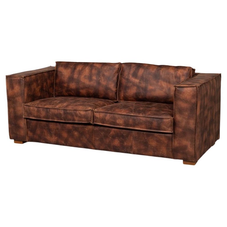 Modern Antiqued Leather Sofa For Sale at 1stDibs