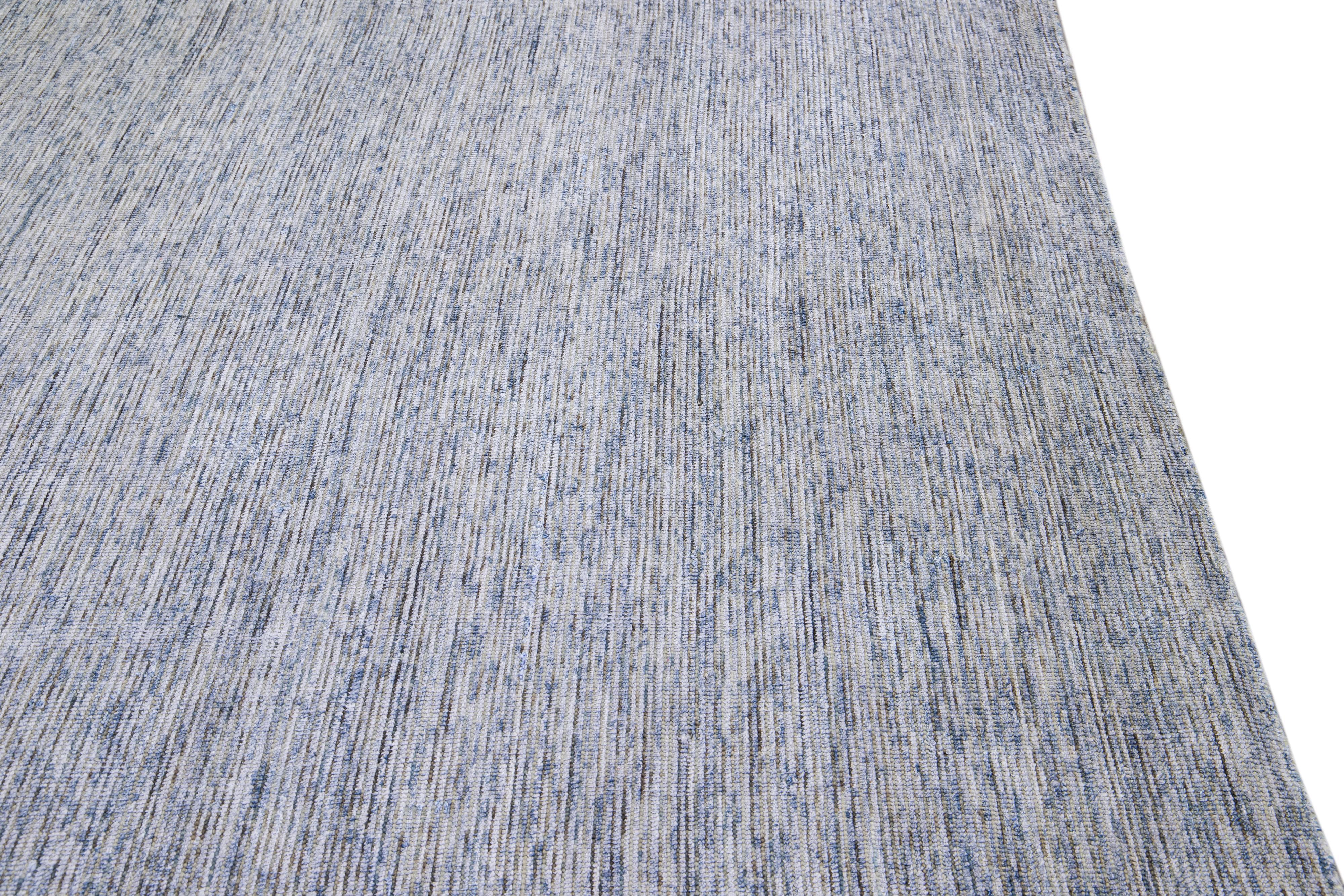 Wool Modern Apadana's Groove Bamboo/Silk Handmade Gray and Blue Oversize Rug For Sale
