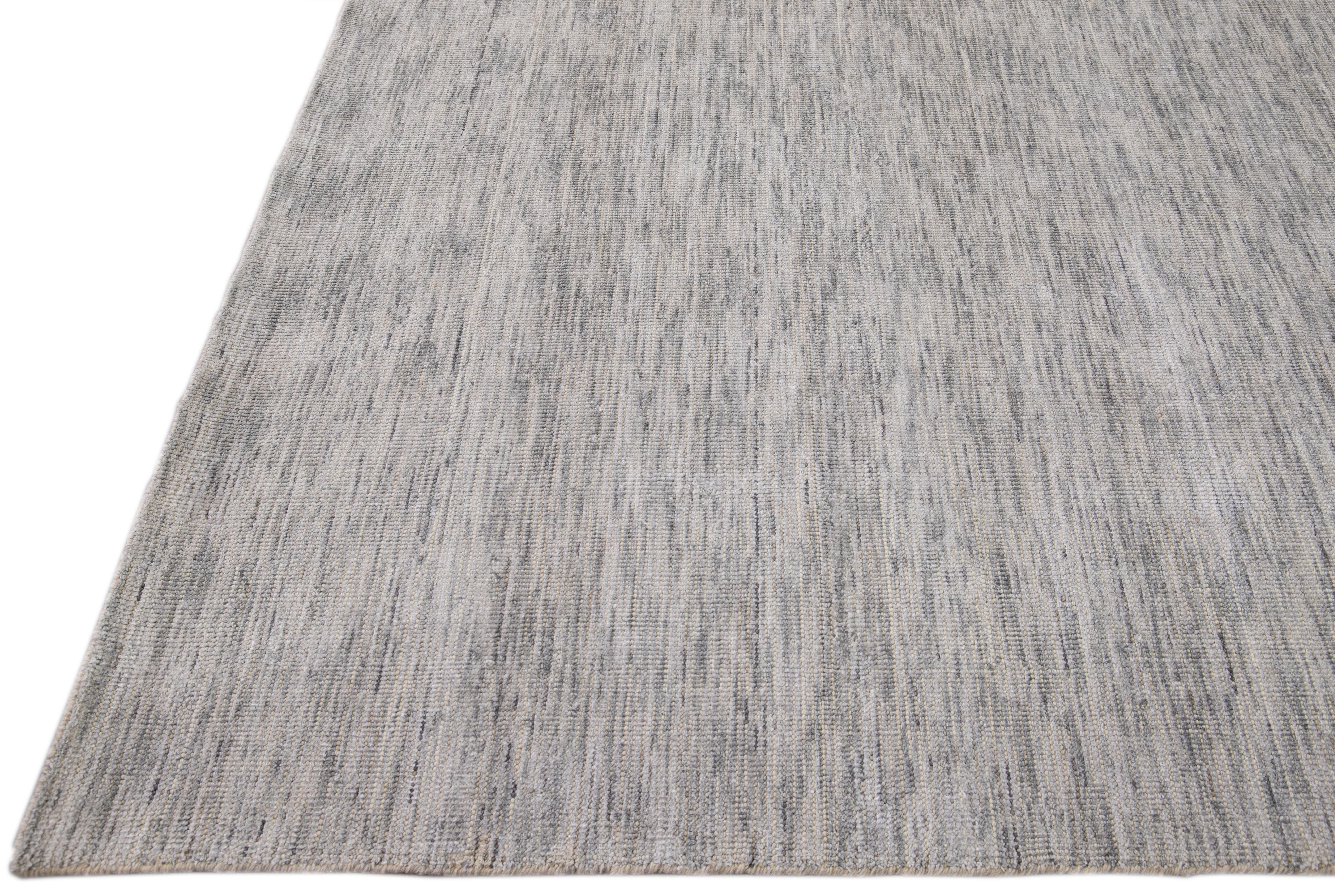Wool Modern Apadana's Groove Bamboo/Silk Handmade Gray Rug For Sale