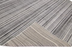 Modern Apadana's Groove Handmade Gray Bamboo/Silk Rug with Stripe Motif