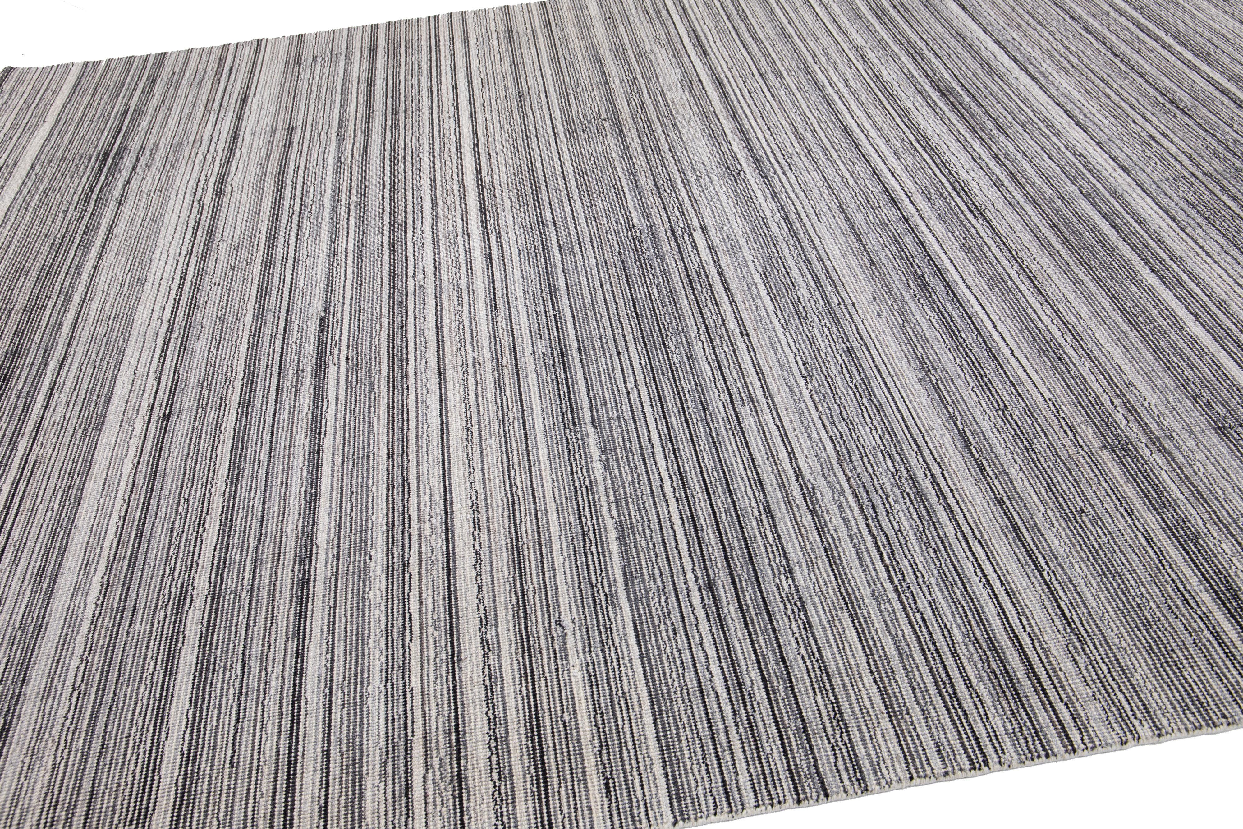 Modern Apadana's Groove Handmade Gray Bamboo/Silk Rug with Stripe Motif In New Condition For Sale In Norwalk, CT
