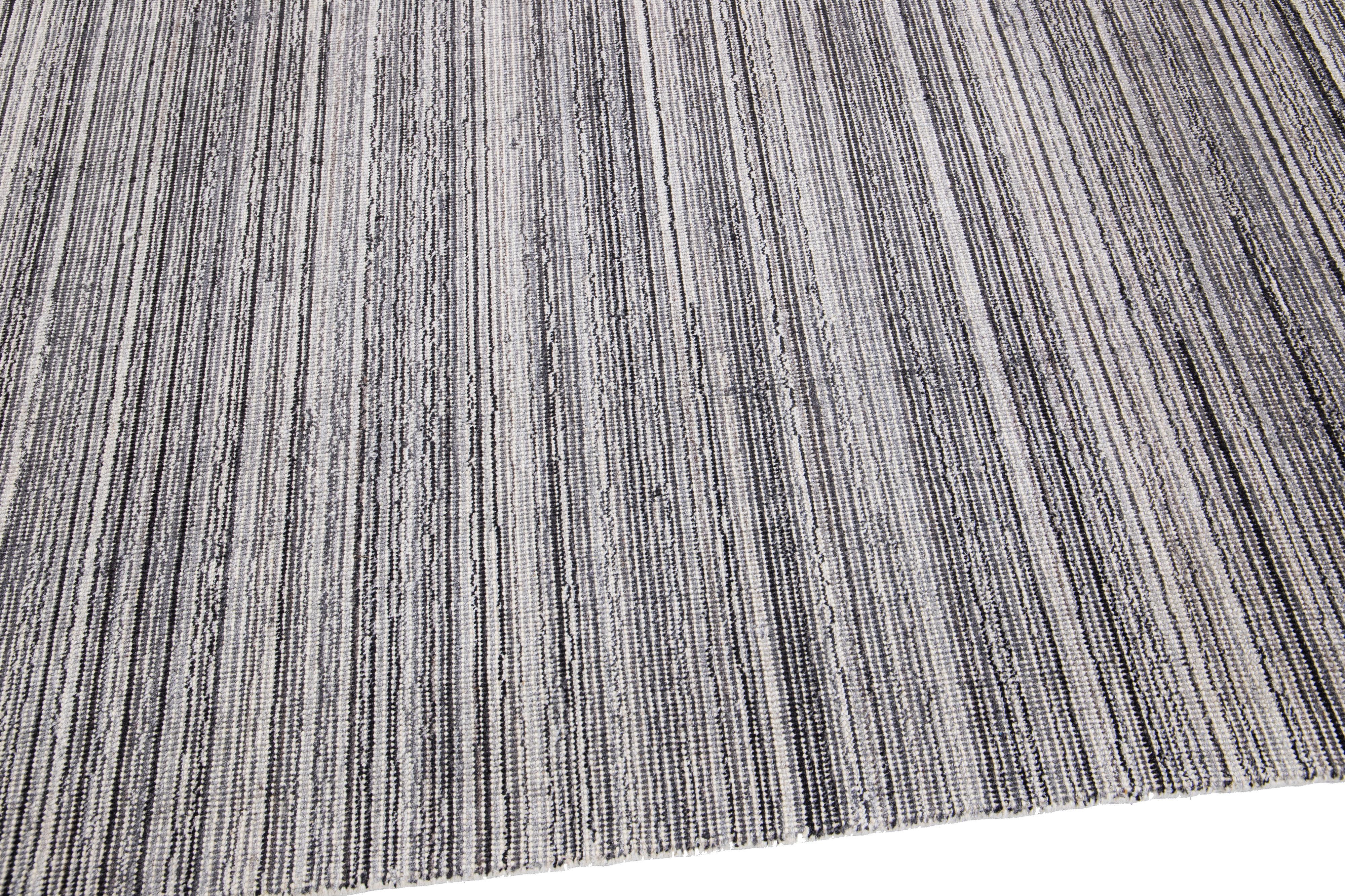 Wool Modern Apadana's Groove Handmade Gray Bamboo/Silk Rug with Stripe Motif For Sale