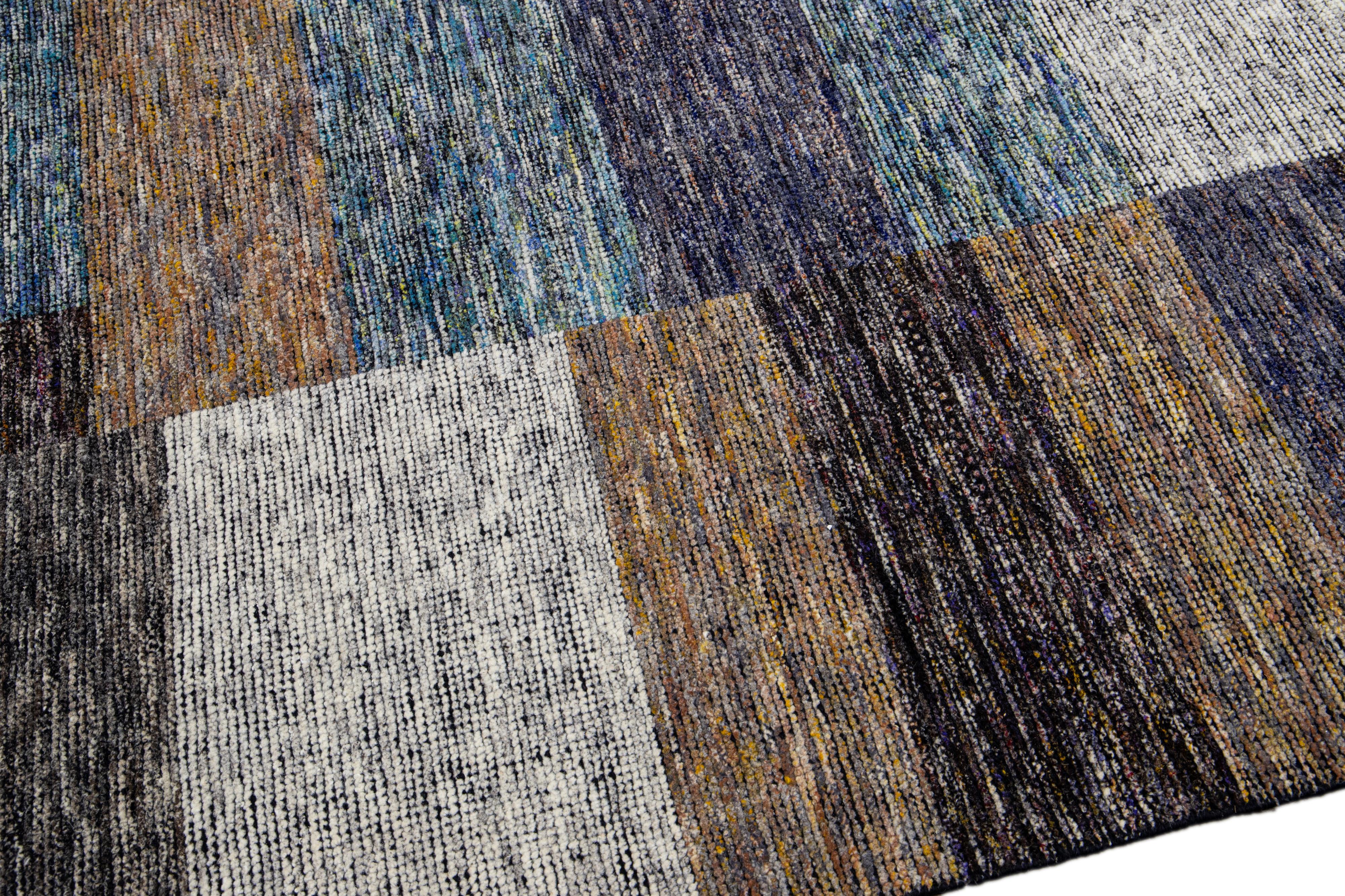 Modern Apadana's Safi Collection Handmade Abstract Earthy Tone Designed Wool Rug For Sale 1