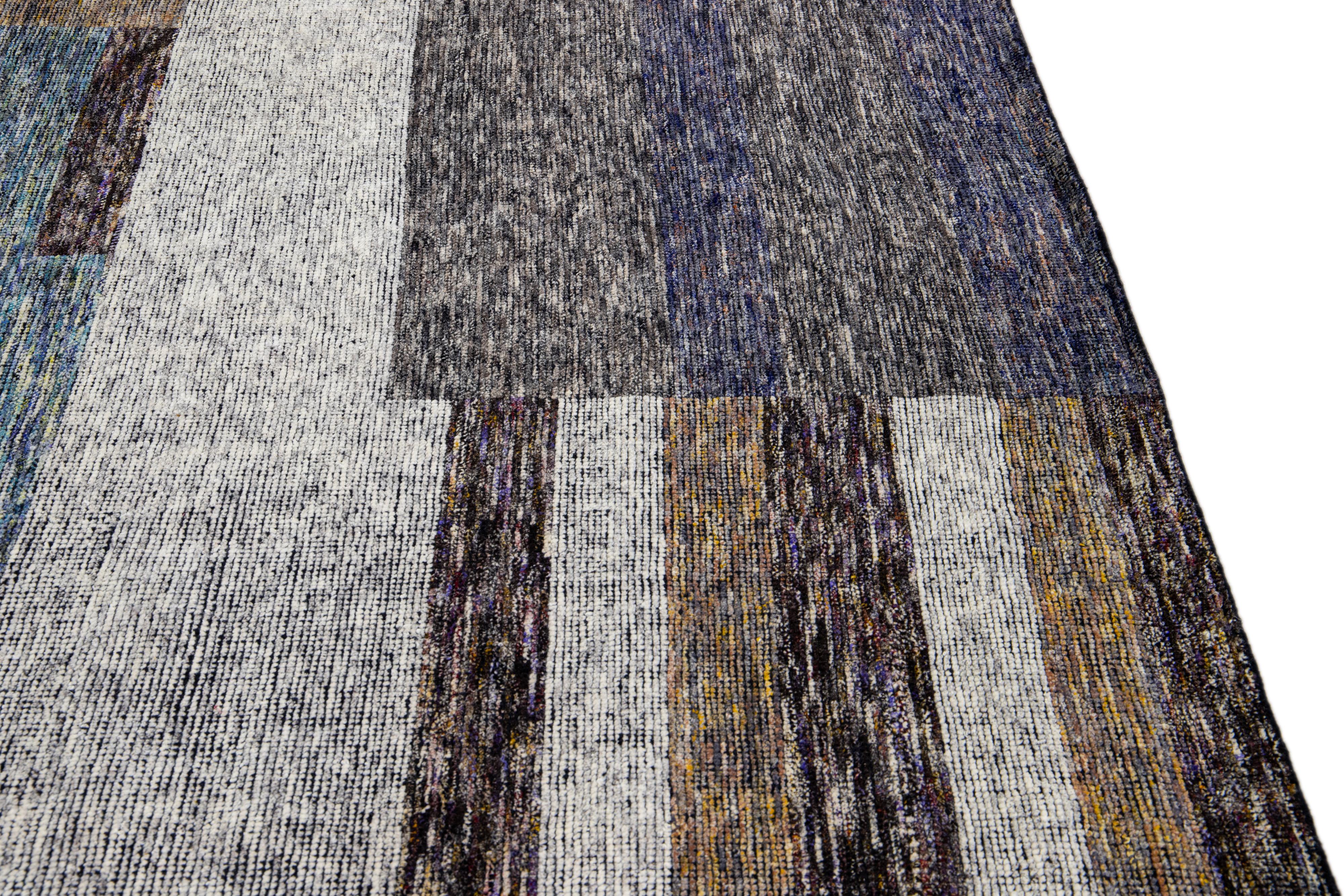 Modern Apadana's Safi Collection Handmade Abstract Earthy Tone Designed Wool Rug For Sale 3
