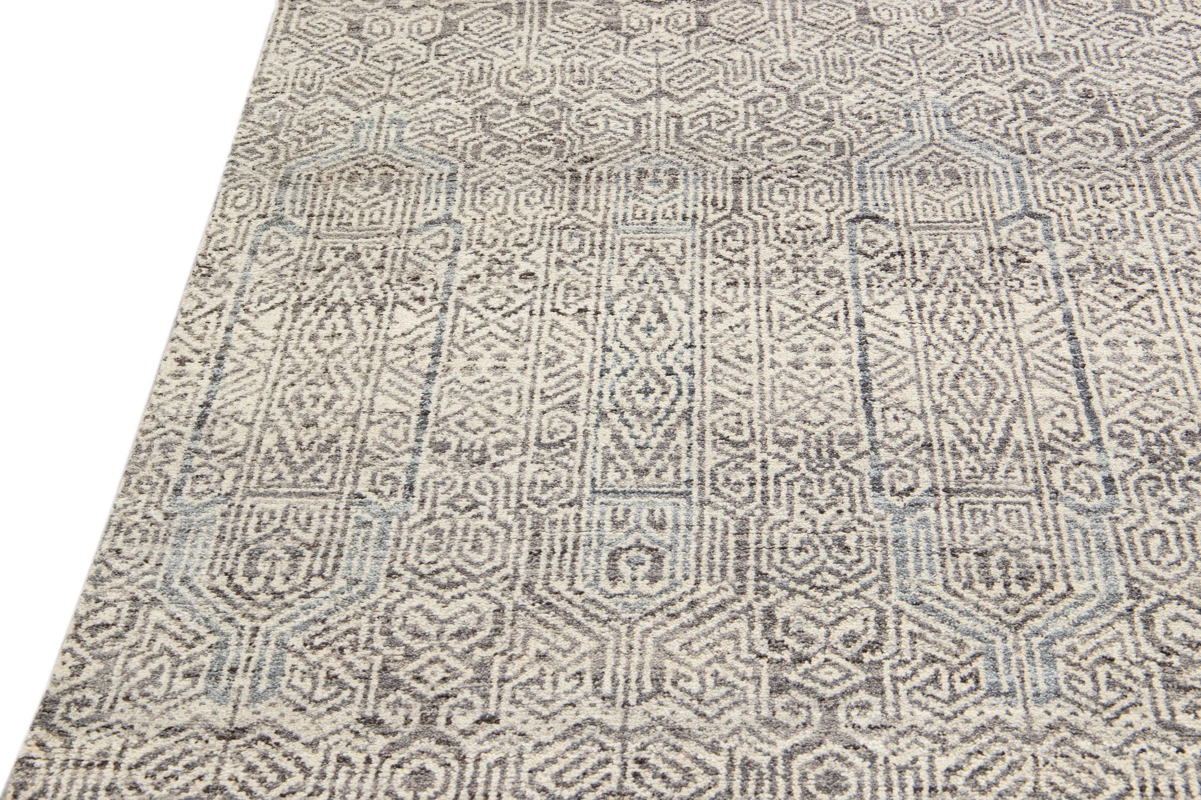 Hand-Knotted Modern Apadana's Safi Collection Handmade Allover Designed Beige Wool Rug For Sale