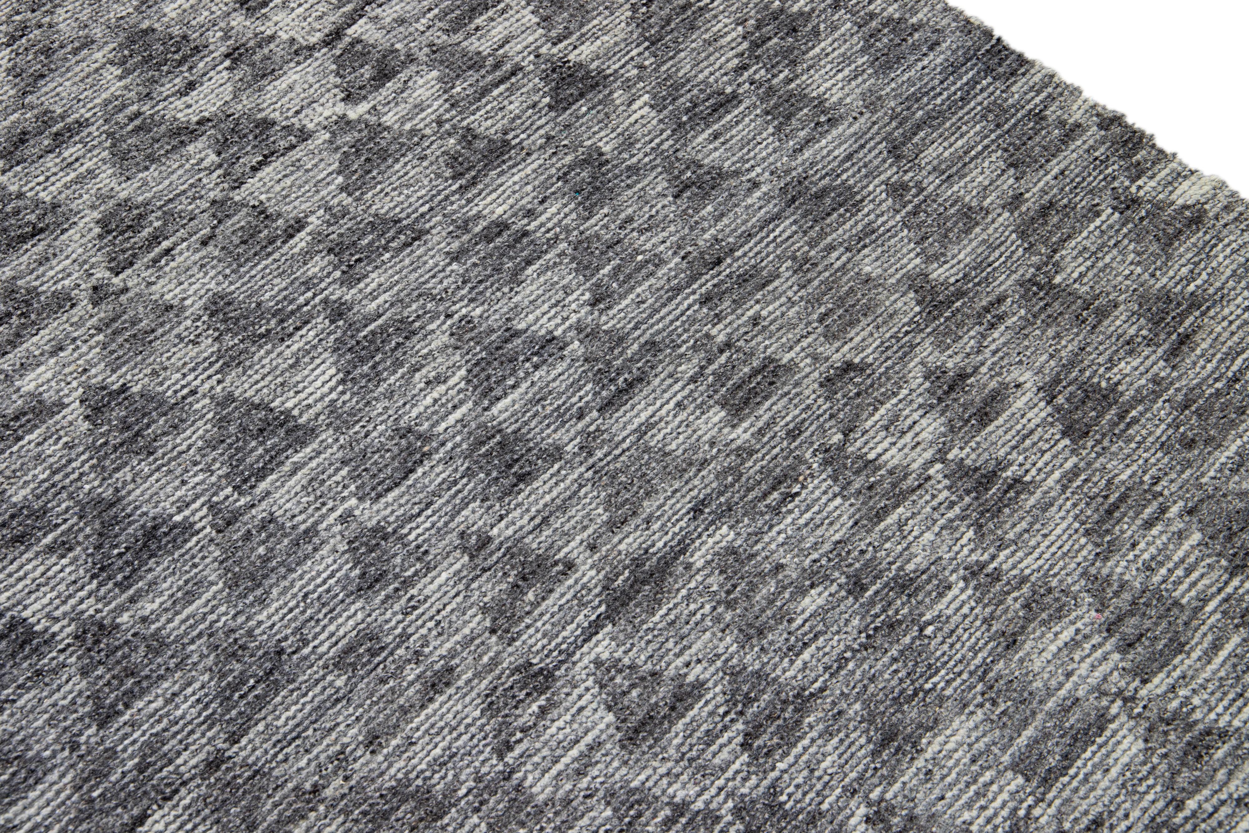 Modern Apadana's Safi Collection Handmade Allover Designed Gray Wool Rug For Sale 3