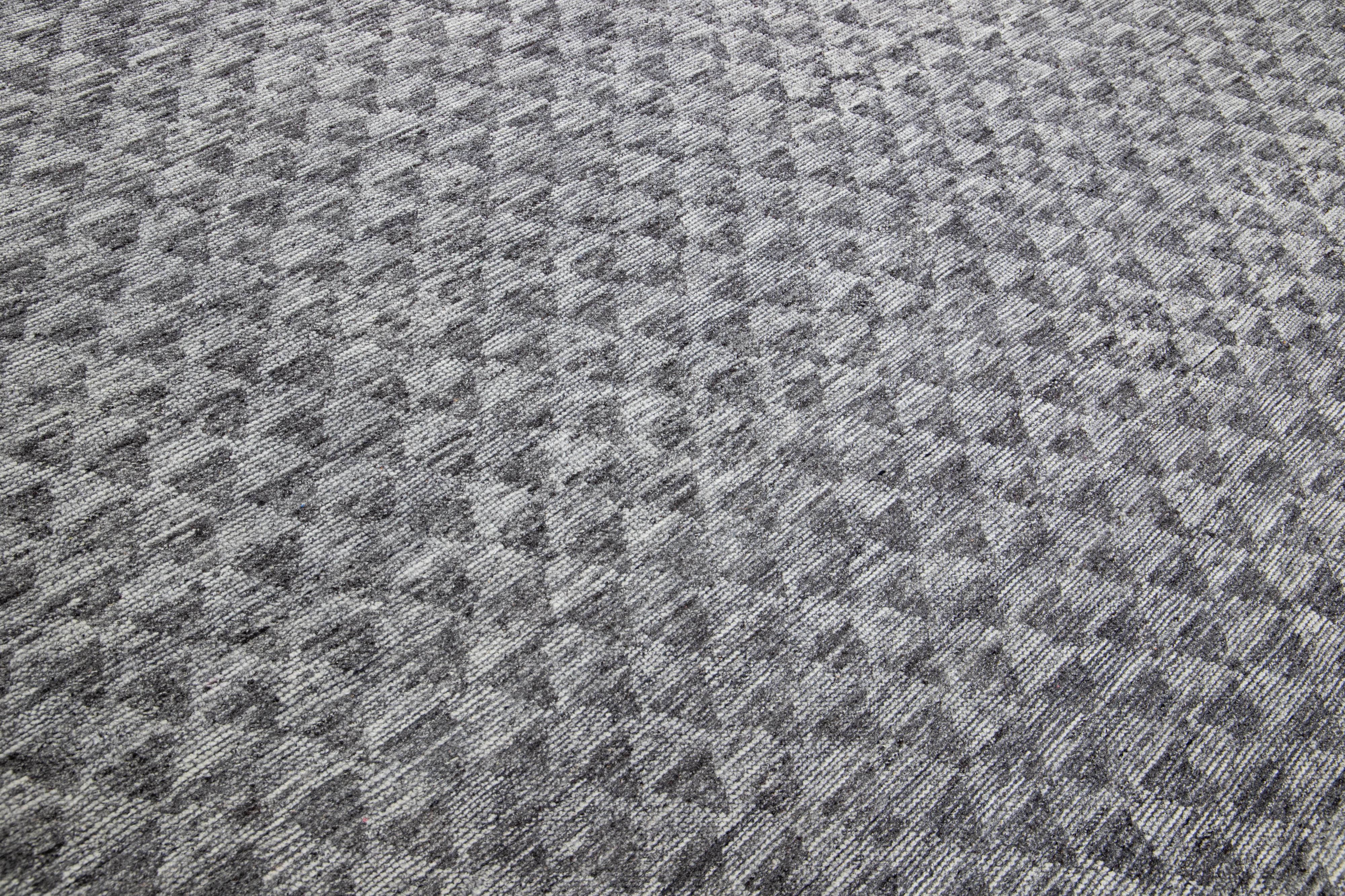 Contemporary Modern Apadana's Safi Collection Handmade Allover Designed Gray Wool Rug For Sale