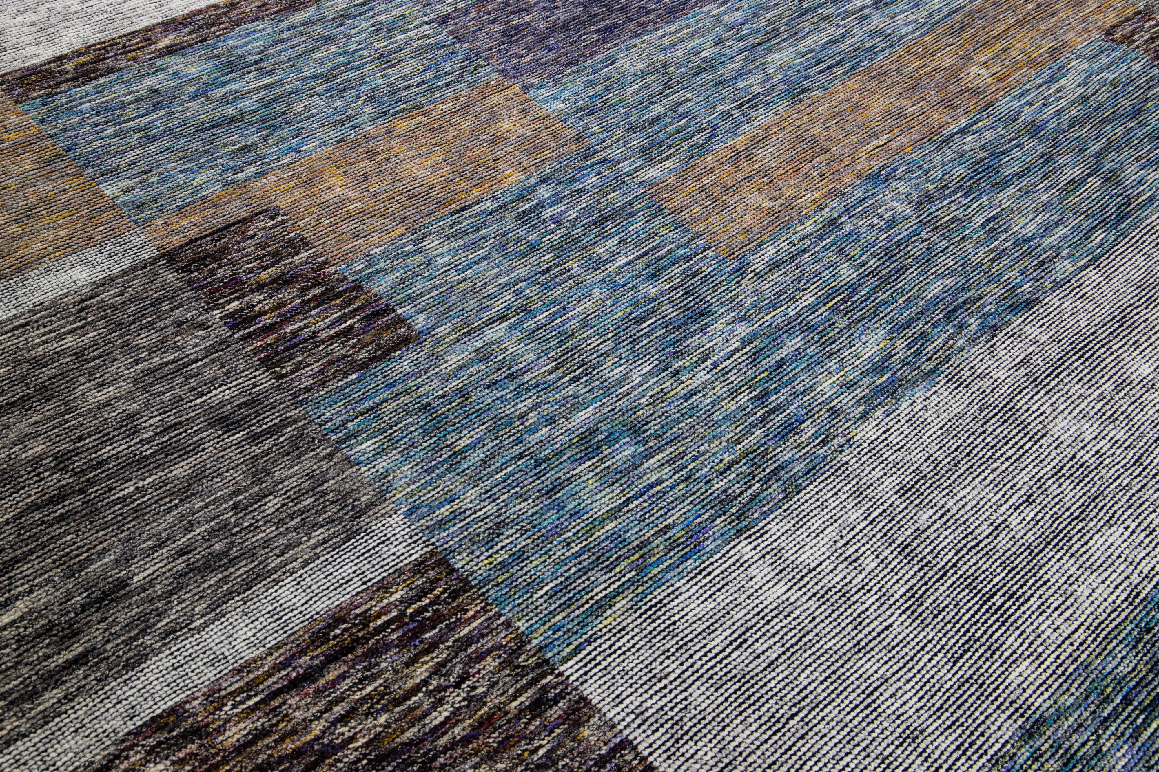 Modern Apadana's Safi Collection Handmade Earthy Tone Abstract Designed Wool Rug For Sale 4