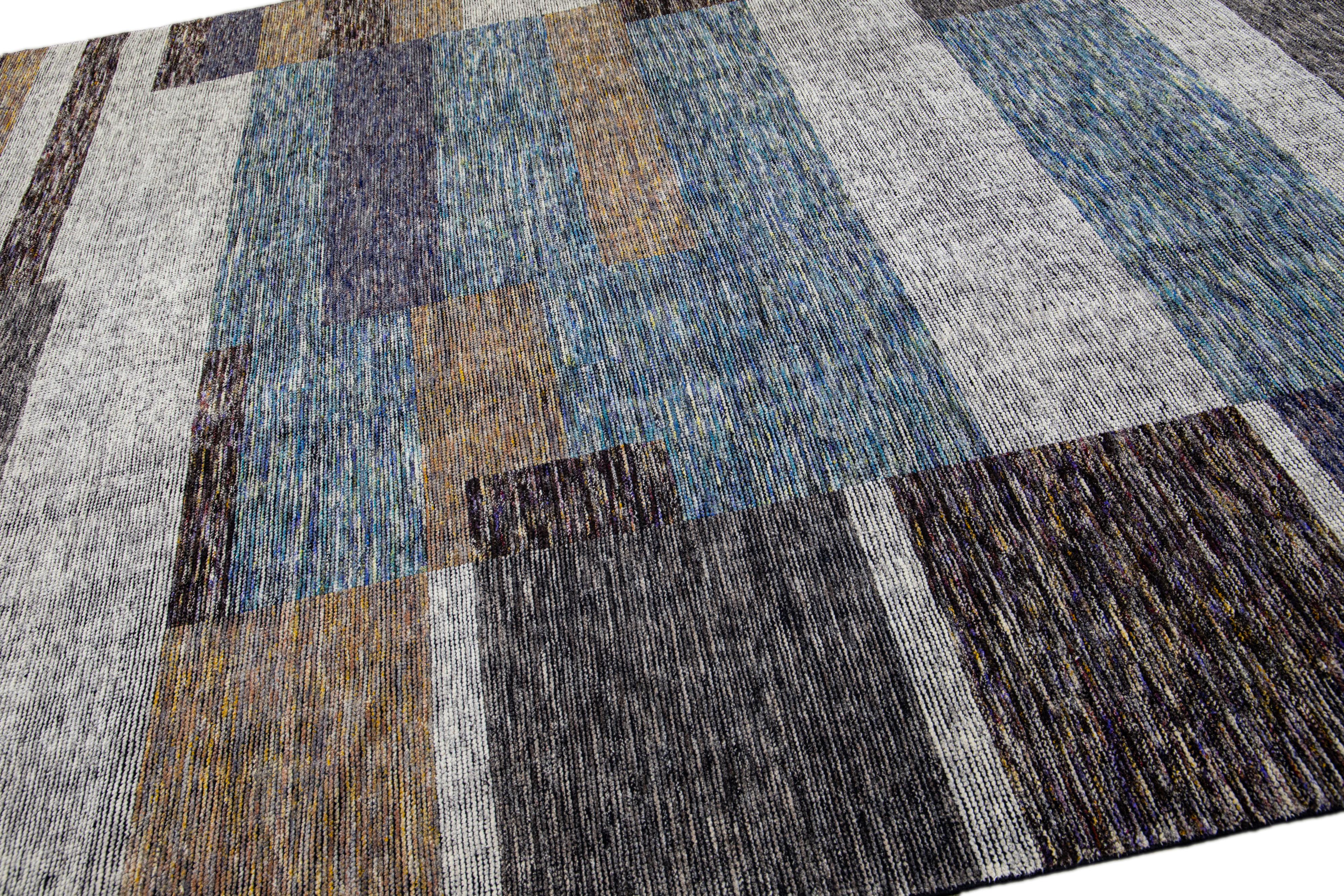Modern Apadana's Safi Collection Handmade Earthy Tone Abstract Designed Wool Rug For Sale 1