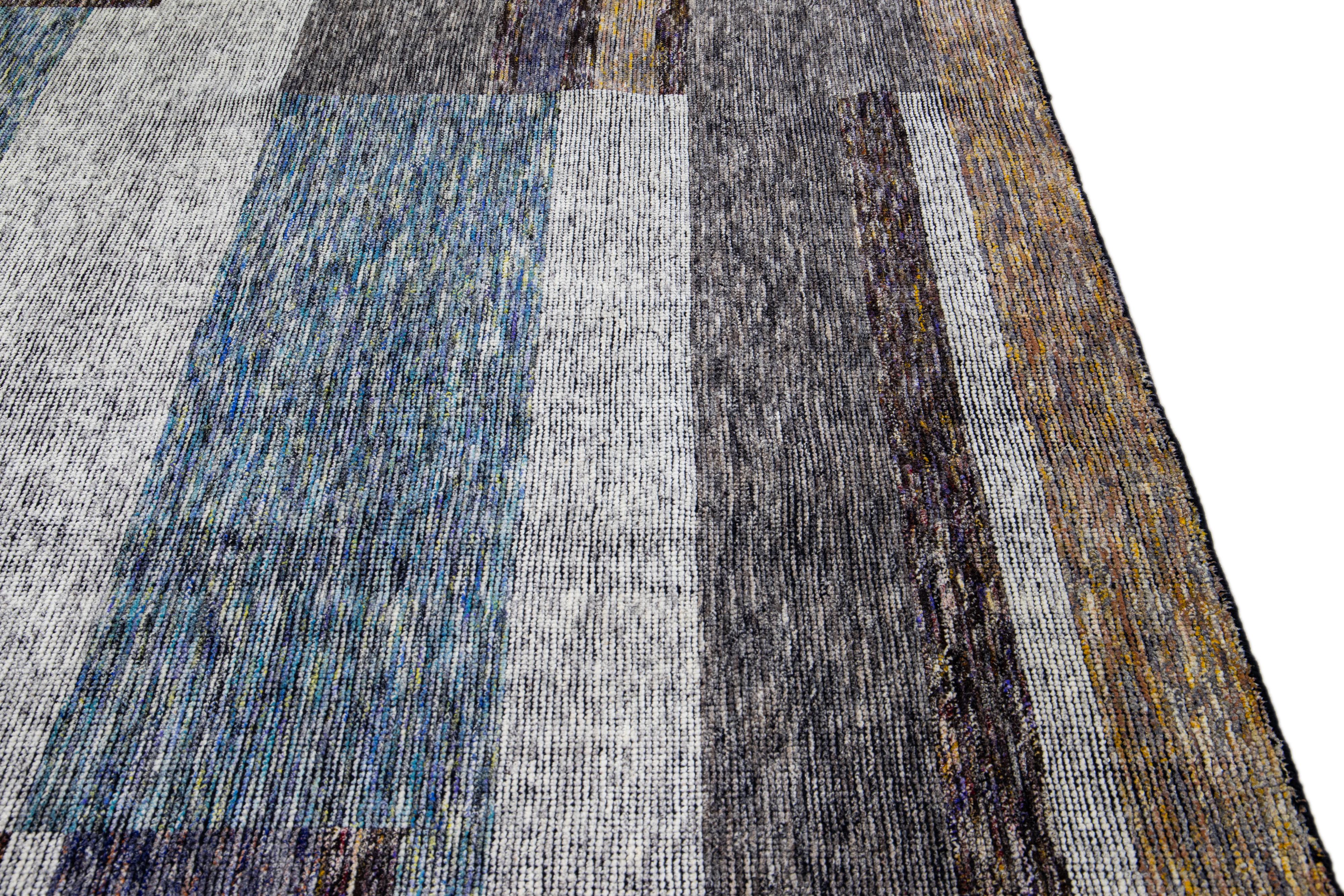Modern Apadana's Safi Collection Handmade Earthy Tone Abstract Designed Wool Rug For Sale 3