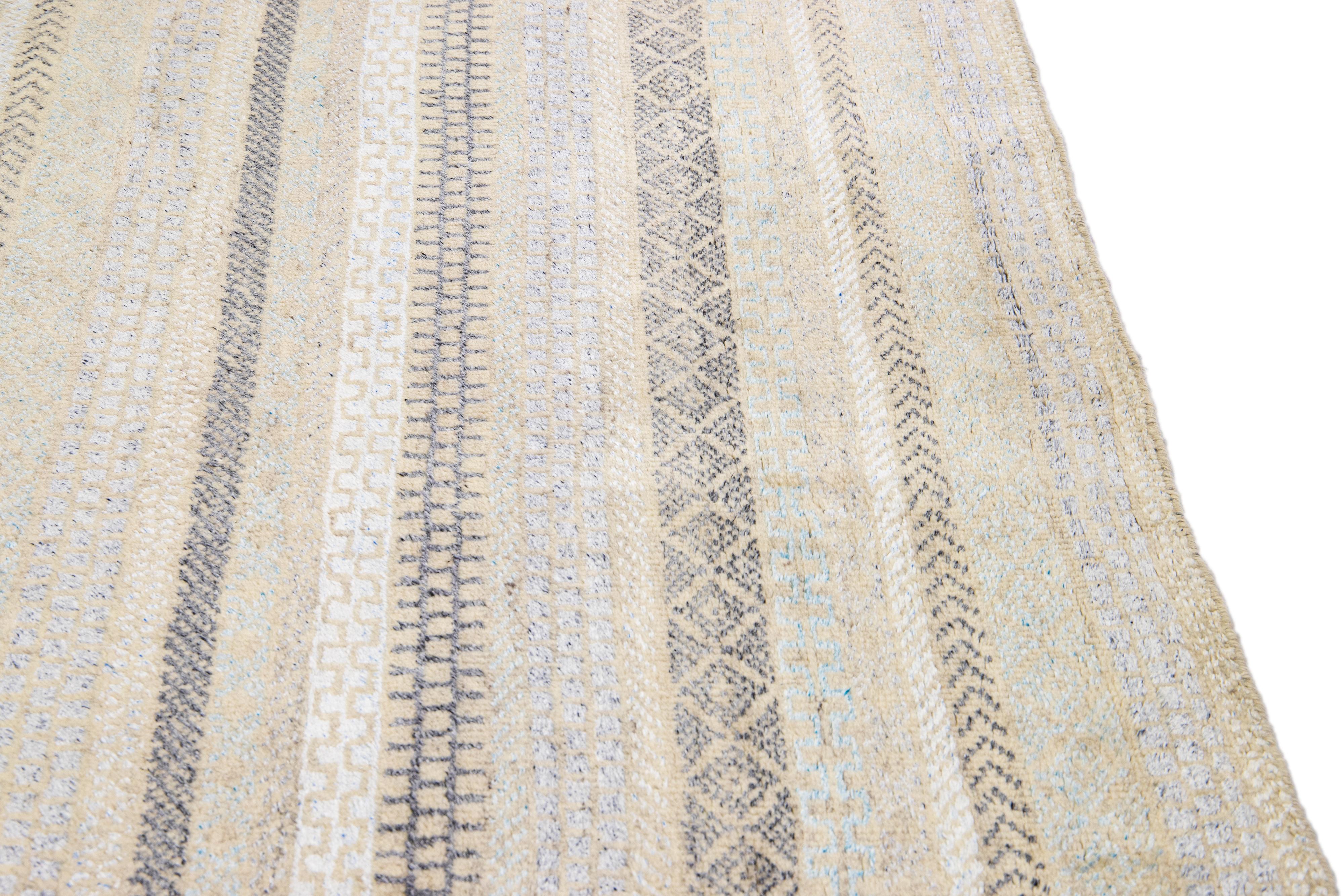 Modern Apadana's Safi Collection Handmade Stripe Designed Wool Rug For Sale 4