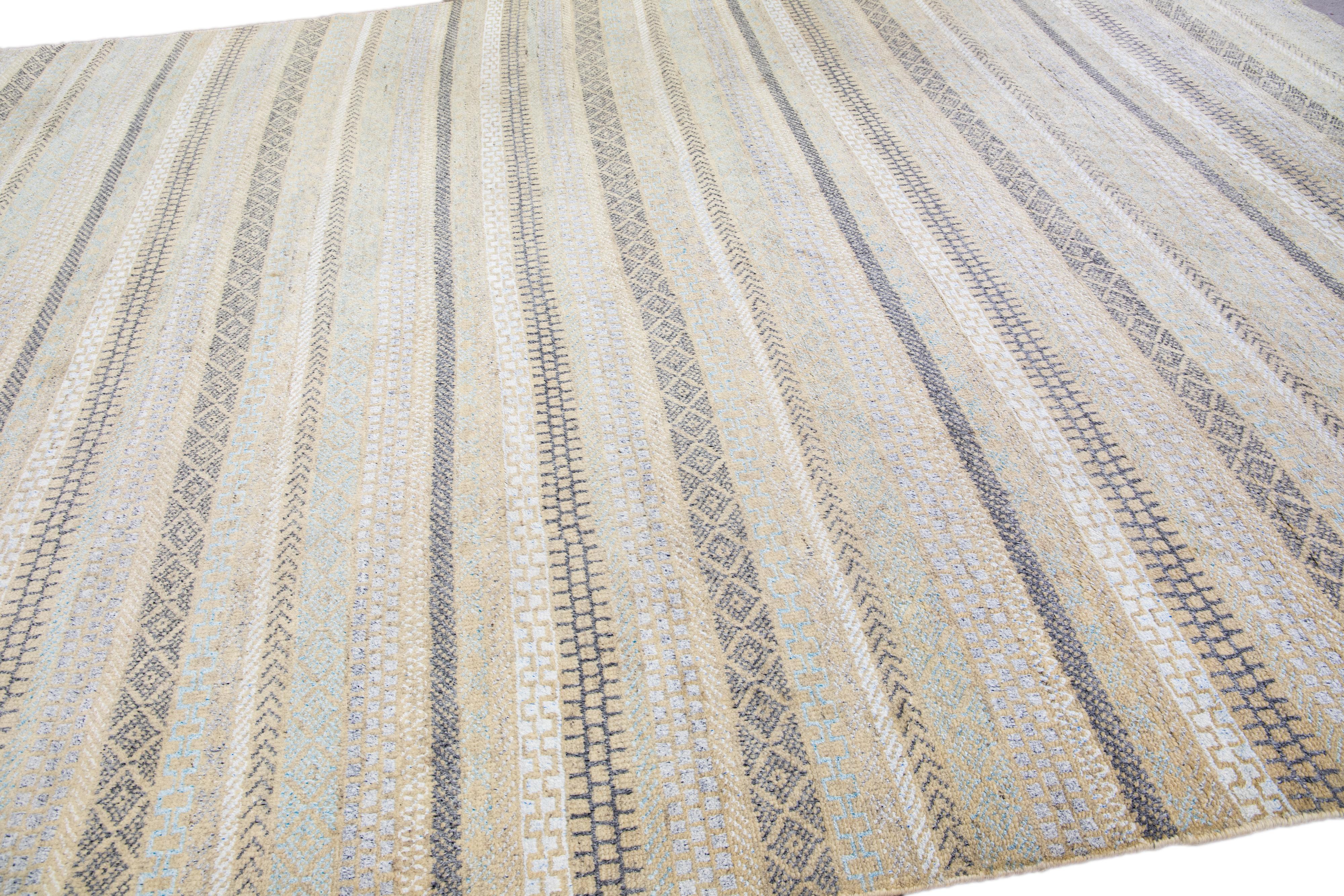 Modern Apadana's Safi Collection Handmade Stripe Designed Wool Rug In New Condition For Sale In Norwalk, CT