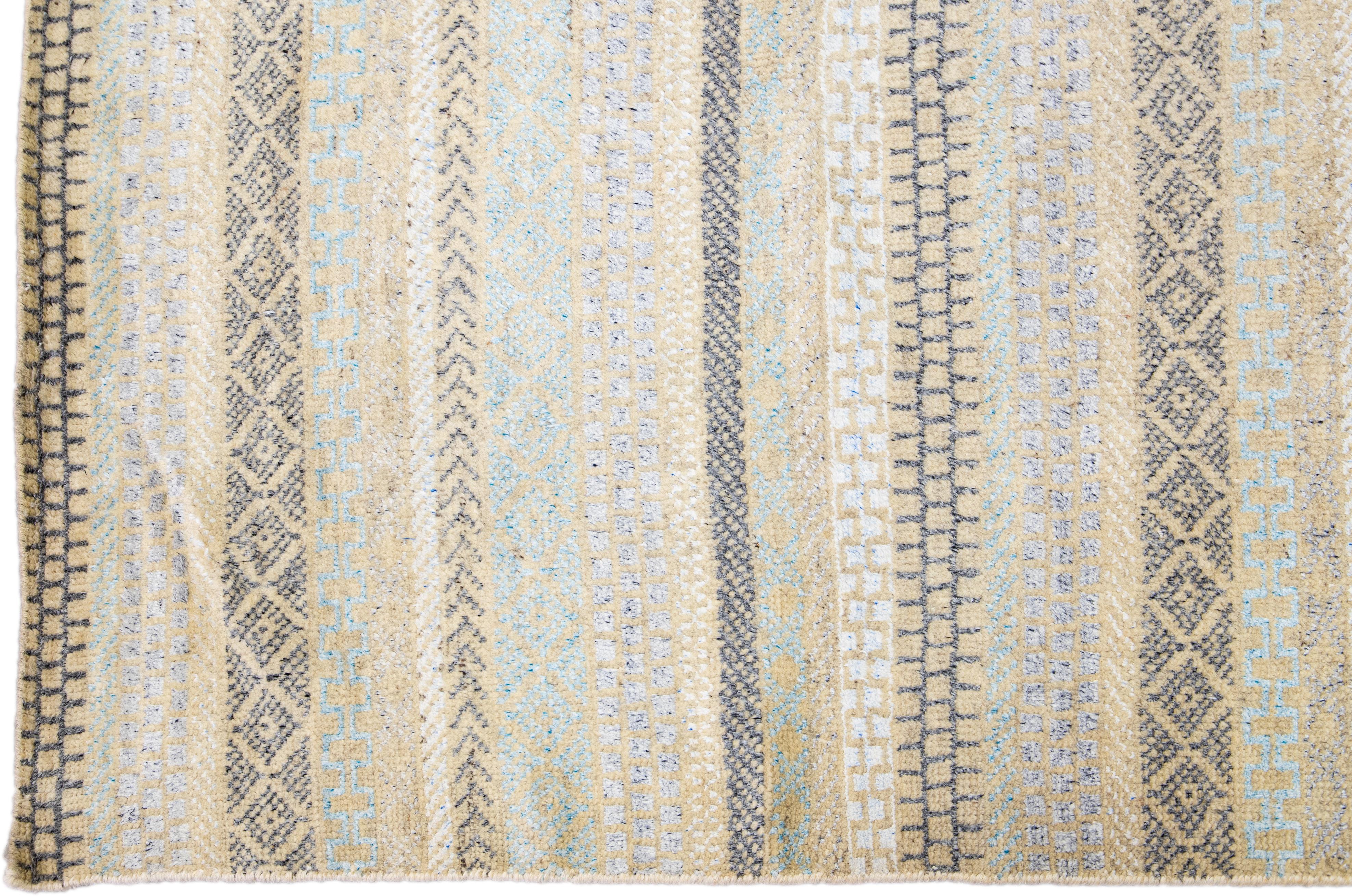 Modern Apadana's Safi Collection Handmade Stripe Designed Wool Rug For Sale 2