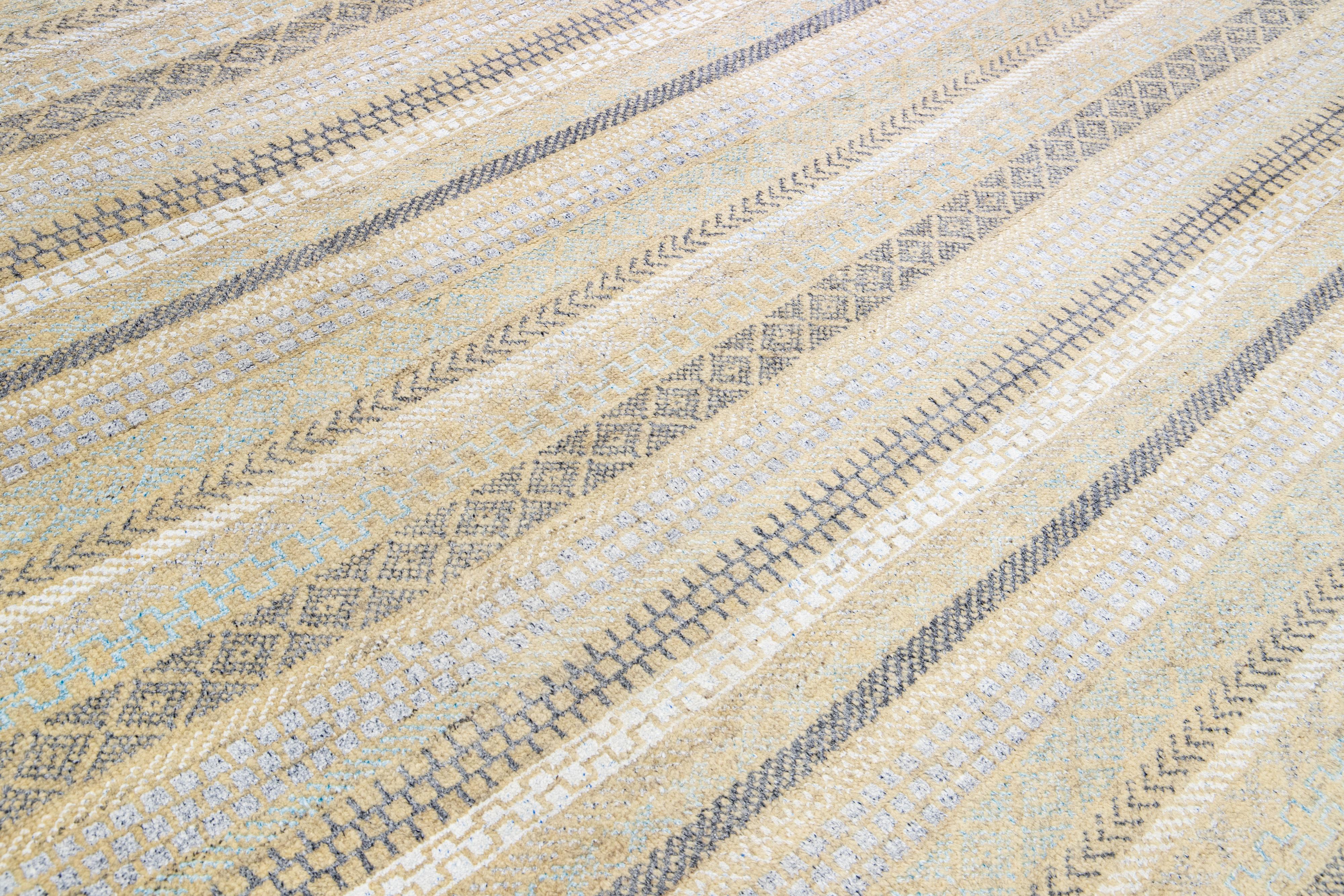 Modern Apadana's Safi Collection Handmade Stripe Designed Wool Rug For Sale 3