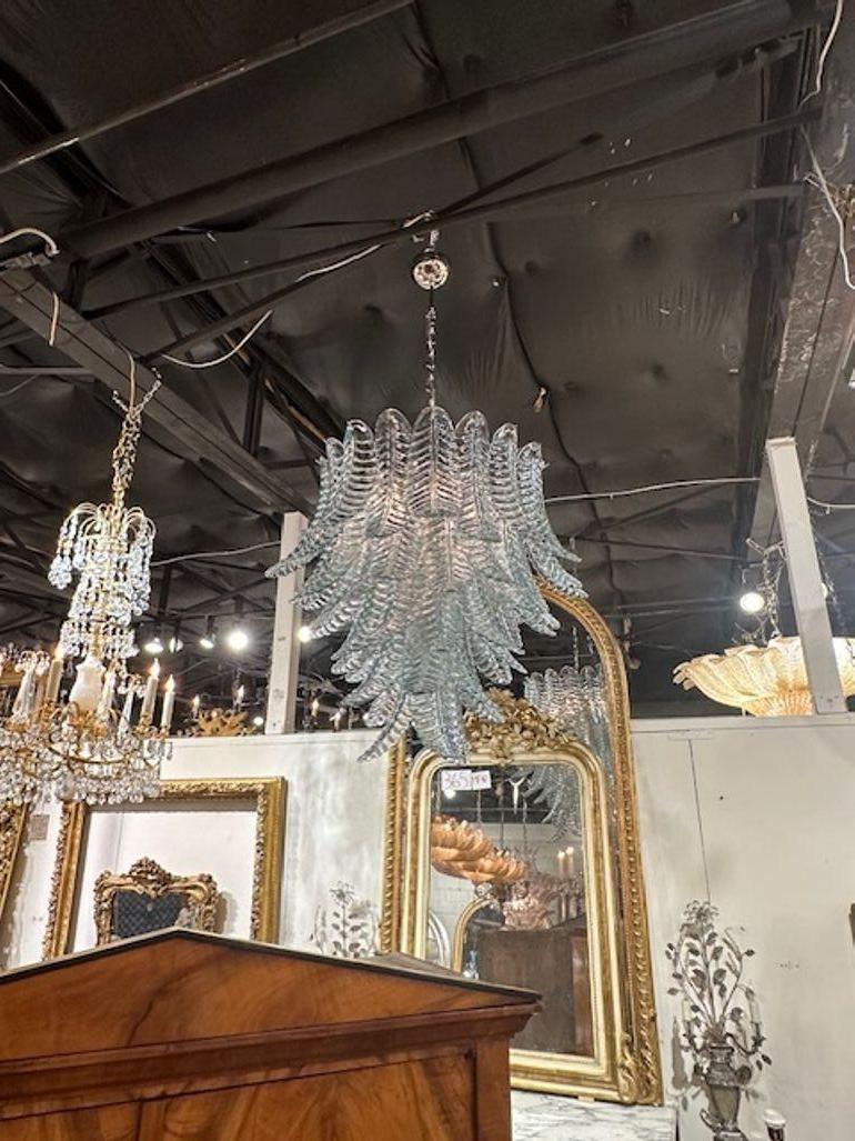 Exquisite modern aqua blue palm leaf Murano glass chandelier. A glistening beauty that creates a huge impact. Gorgeous!! Note: These can be made in other colors.