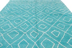 Modern Aqua Moroccan Style Wool Rug Handmade With Tribal Design