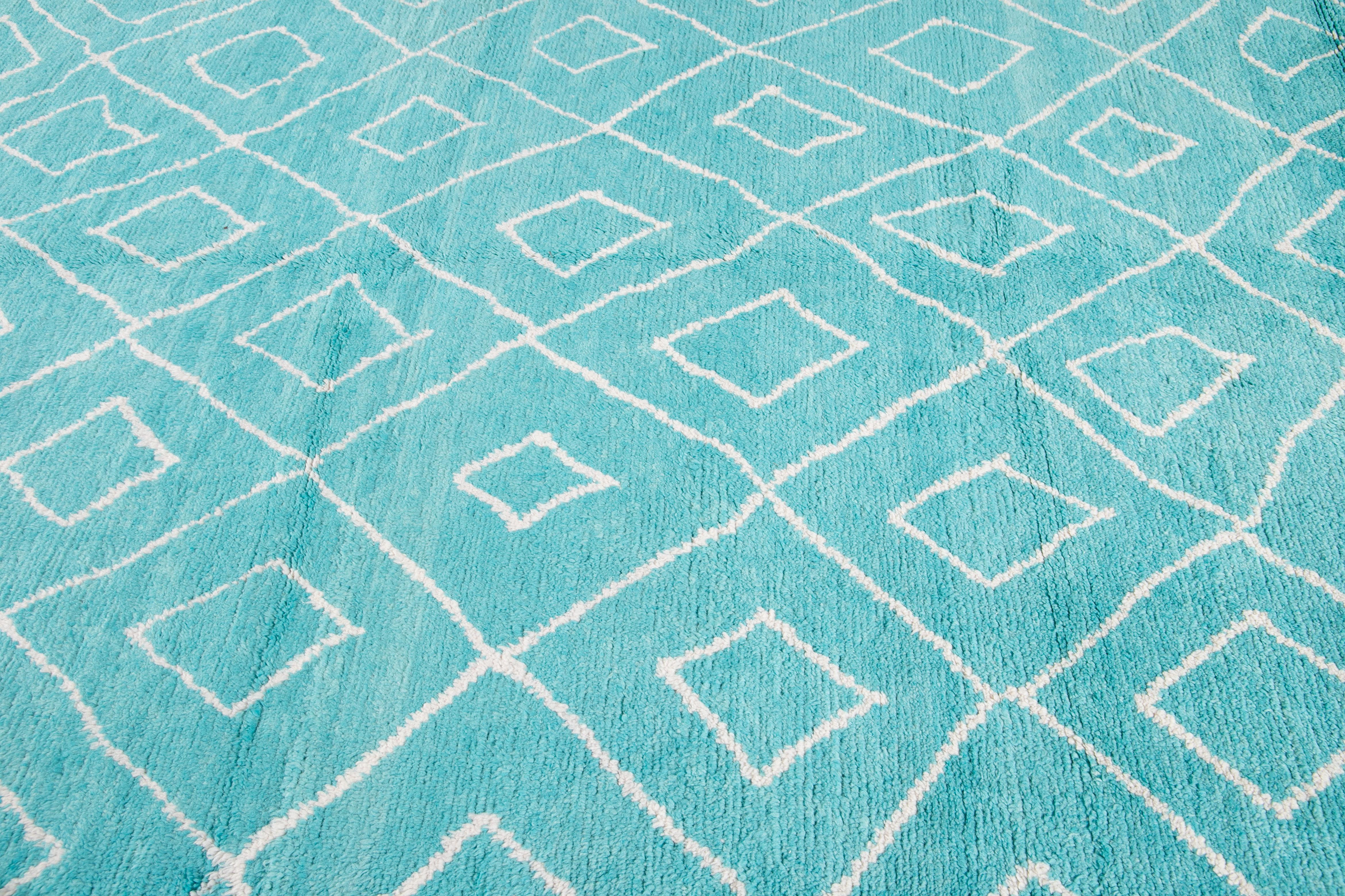 Hand-Knotted Modern Aqua Moroccan Style Wool Rug Handmade With Tribal Design For Sale
