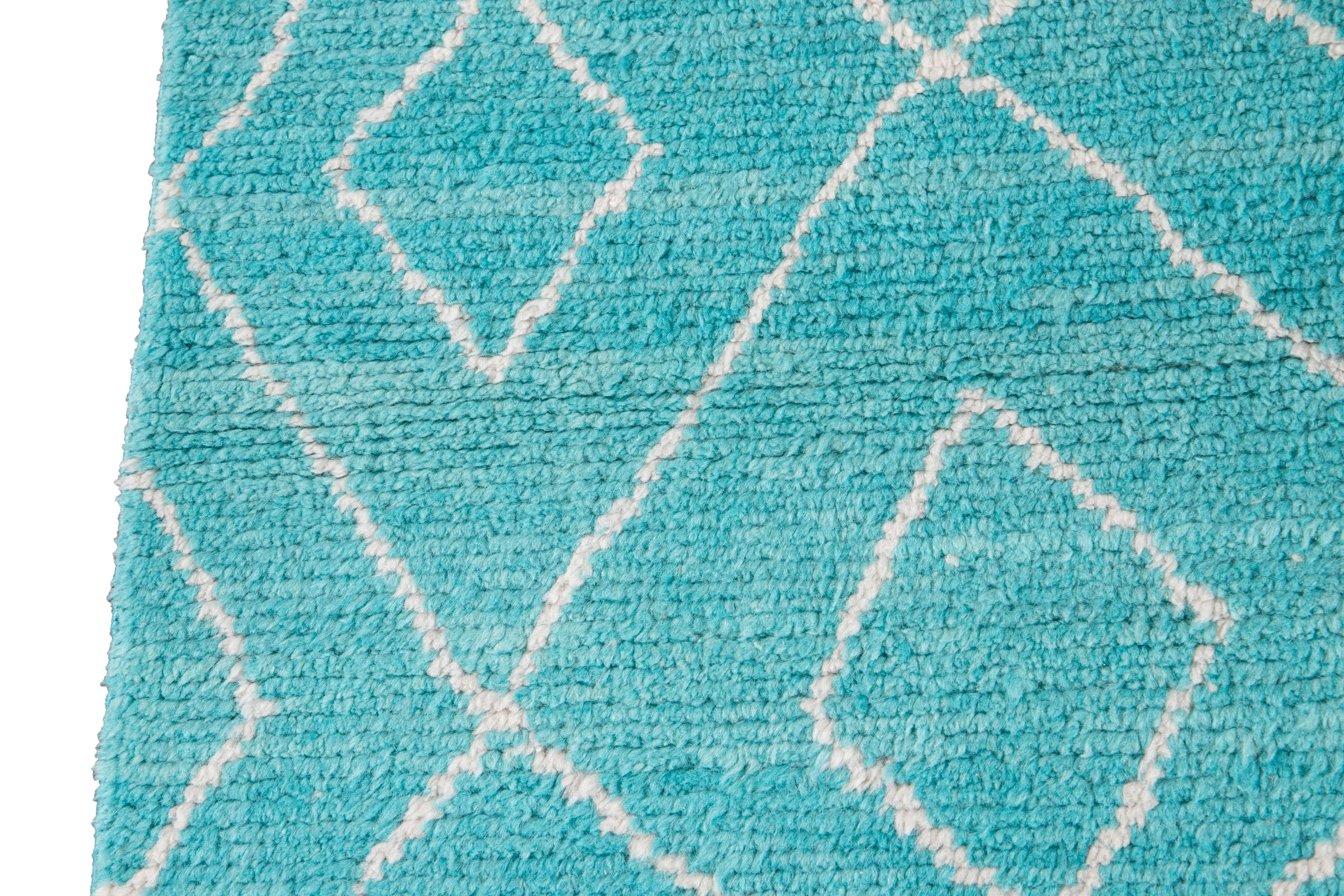 Contemporary Modern Aqua Moroccan Style Wool Rug Handmade With Tribal Design For Sale