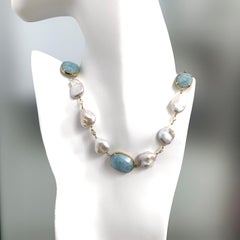 Modern Aquamarine and Keishi Pearl Necklace