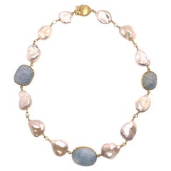 Modern Aquamarine and Keishi Pearl Necklace