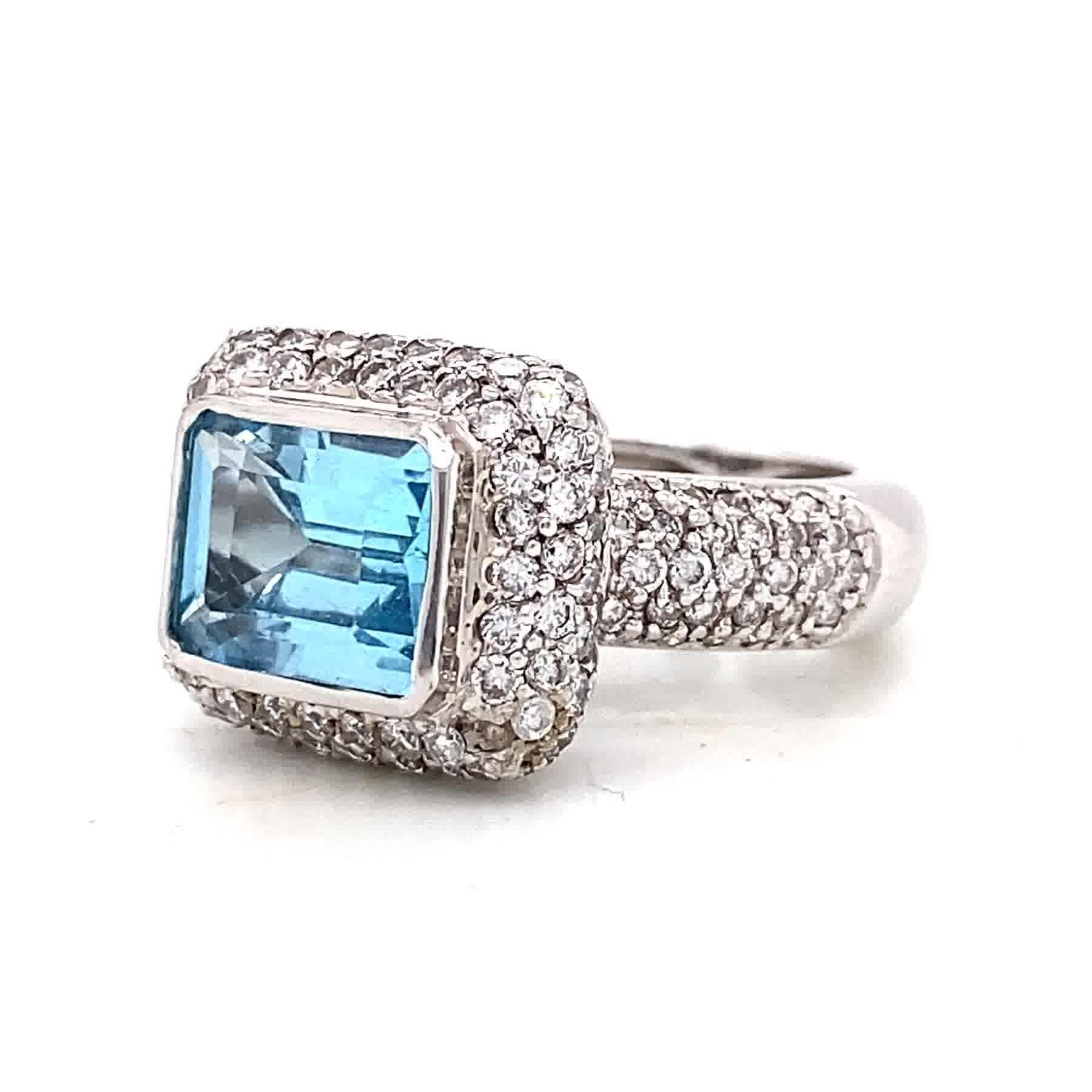Emerald Cut Modern Aquamarine Diamond 18 Karat White Gold Micropave Ring