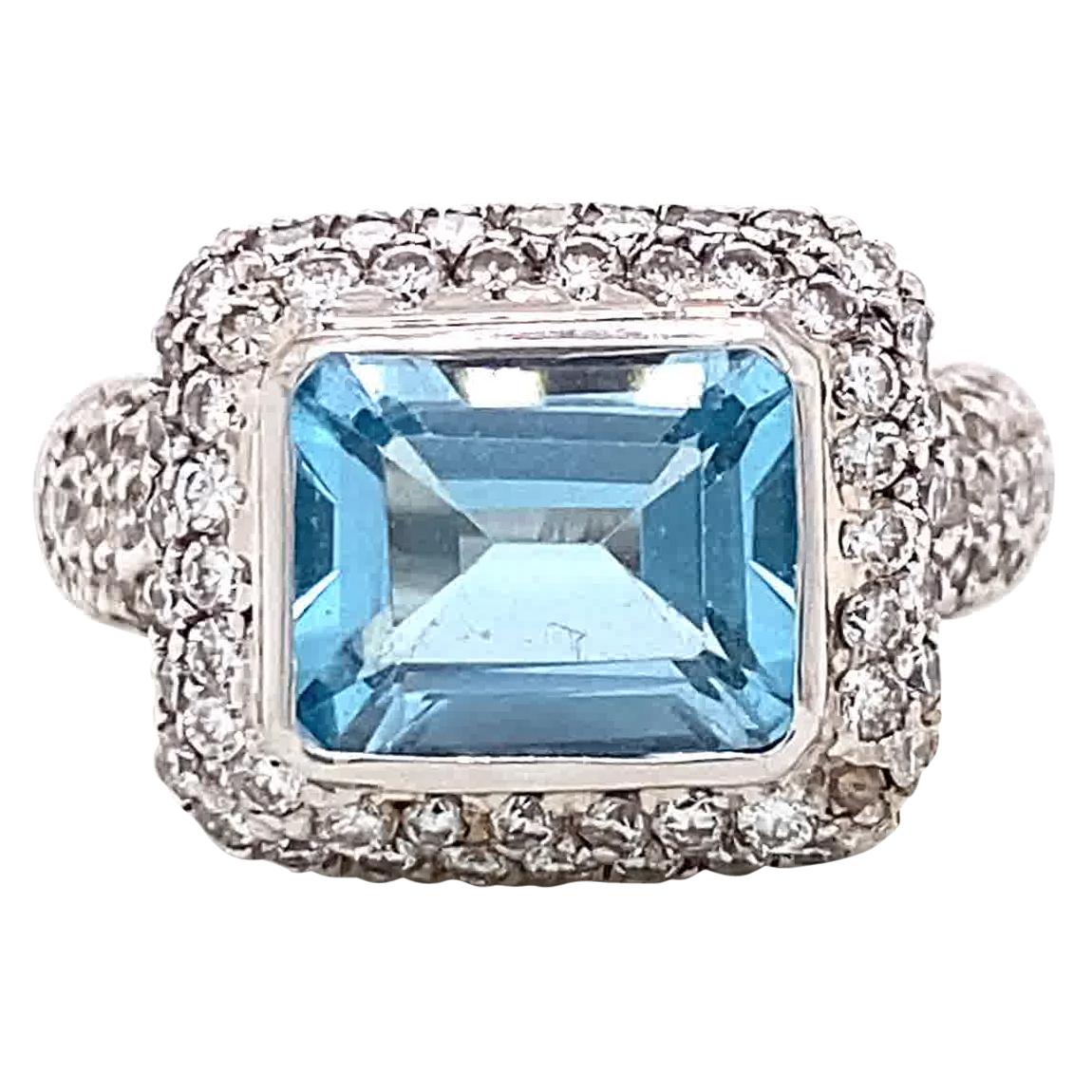 Modern Aquamarine Diamond 18 Karat White Gold Micropave Ring