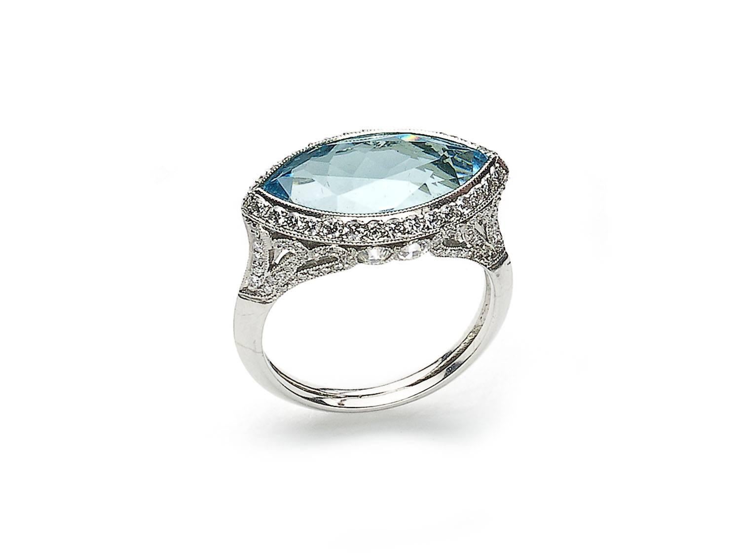 Marquise Cut Modern Aquamarine, Diamond and Platinum Cluster Ring, 4.69 Carats For Sale