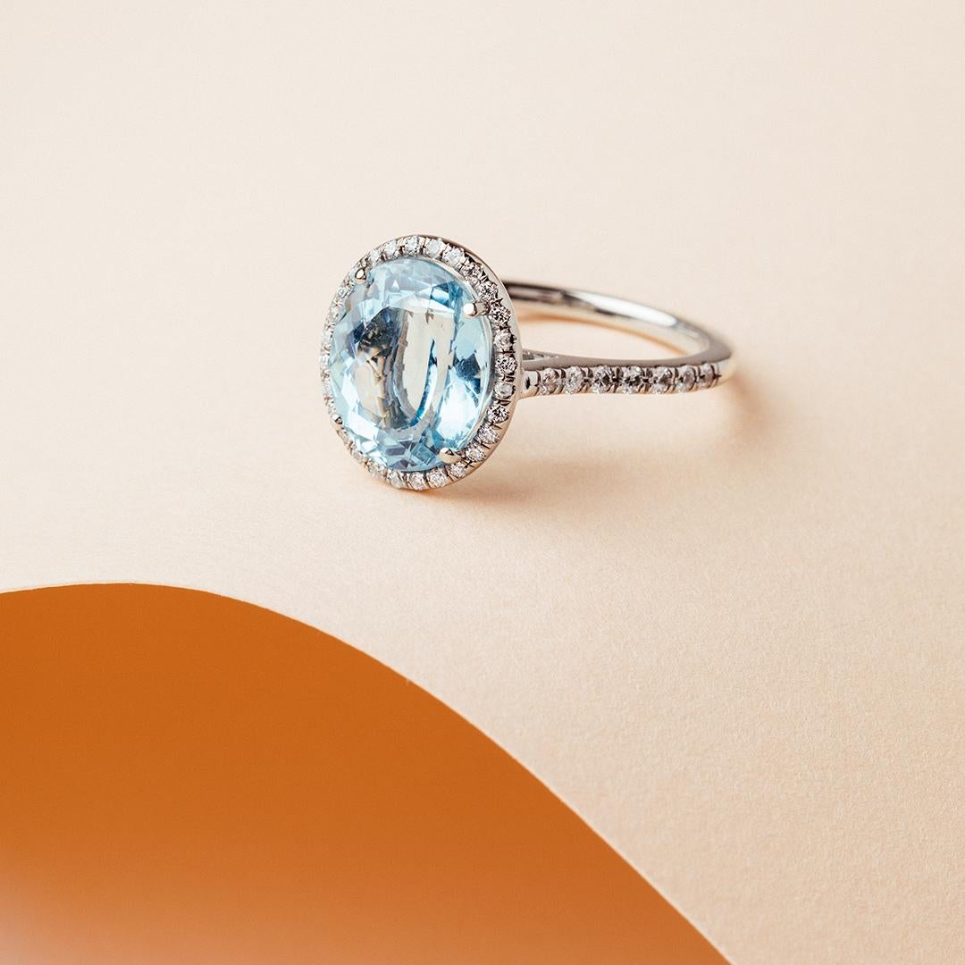 Women's Modern Aquamarine Diamond White Gold Micro Pave Engagement Ring