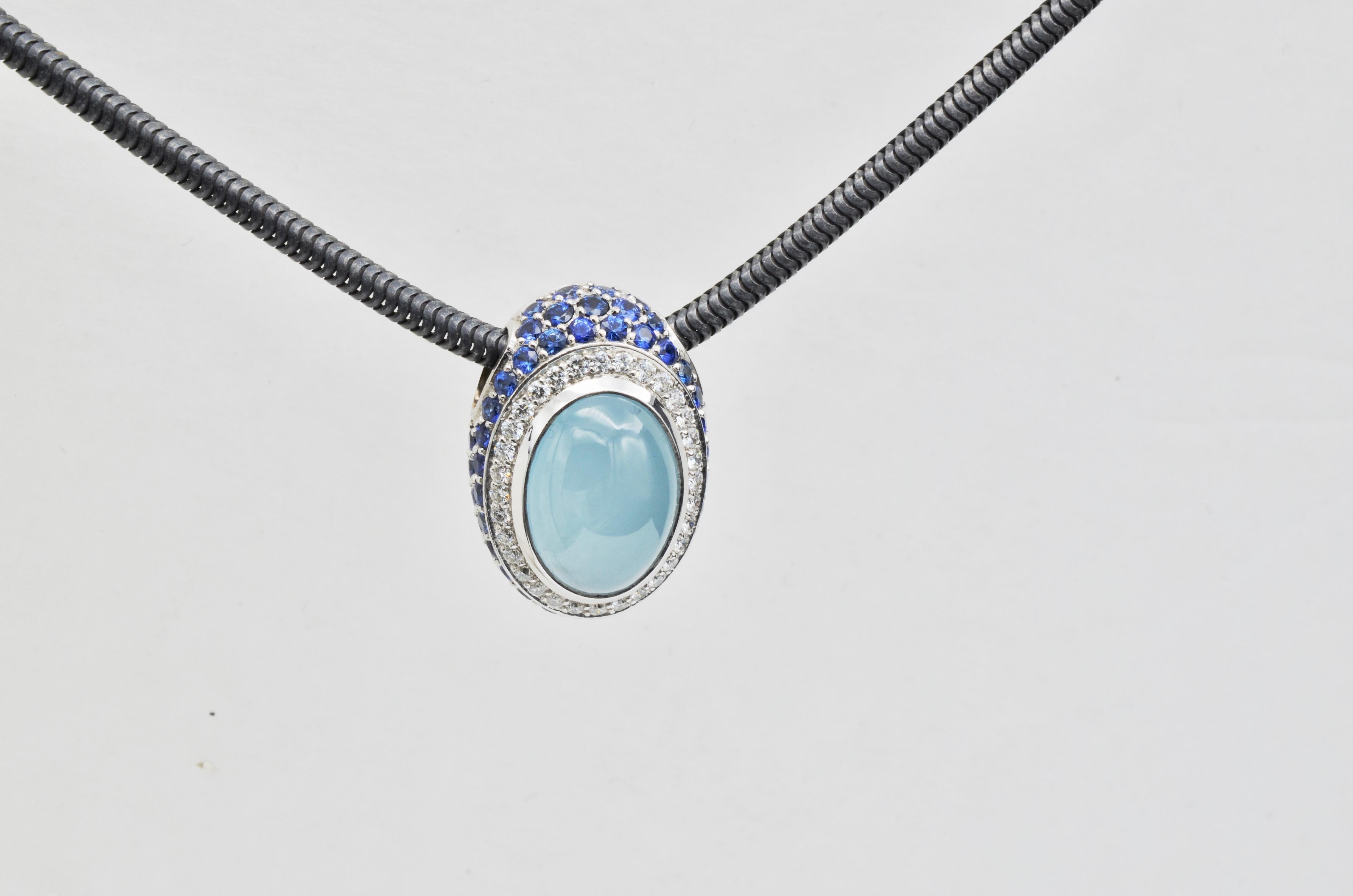 Modernist Modern Aquamarine Milky Cabochon Diamond Sapphire Pendant 18 Karat Gold